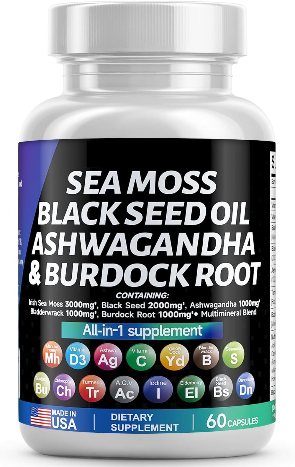 Sea Moss, Black Seed Oil, Ashwagandha, Turmeric, Bladderwrack, Burdock, Plus Vitamin C, D3, Elderberry, Manuka, Dandelion, Iodine, Chlorophyll, and ACV for Daily Wellness.