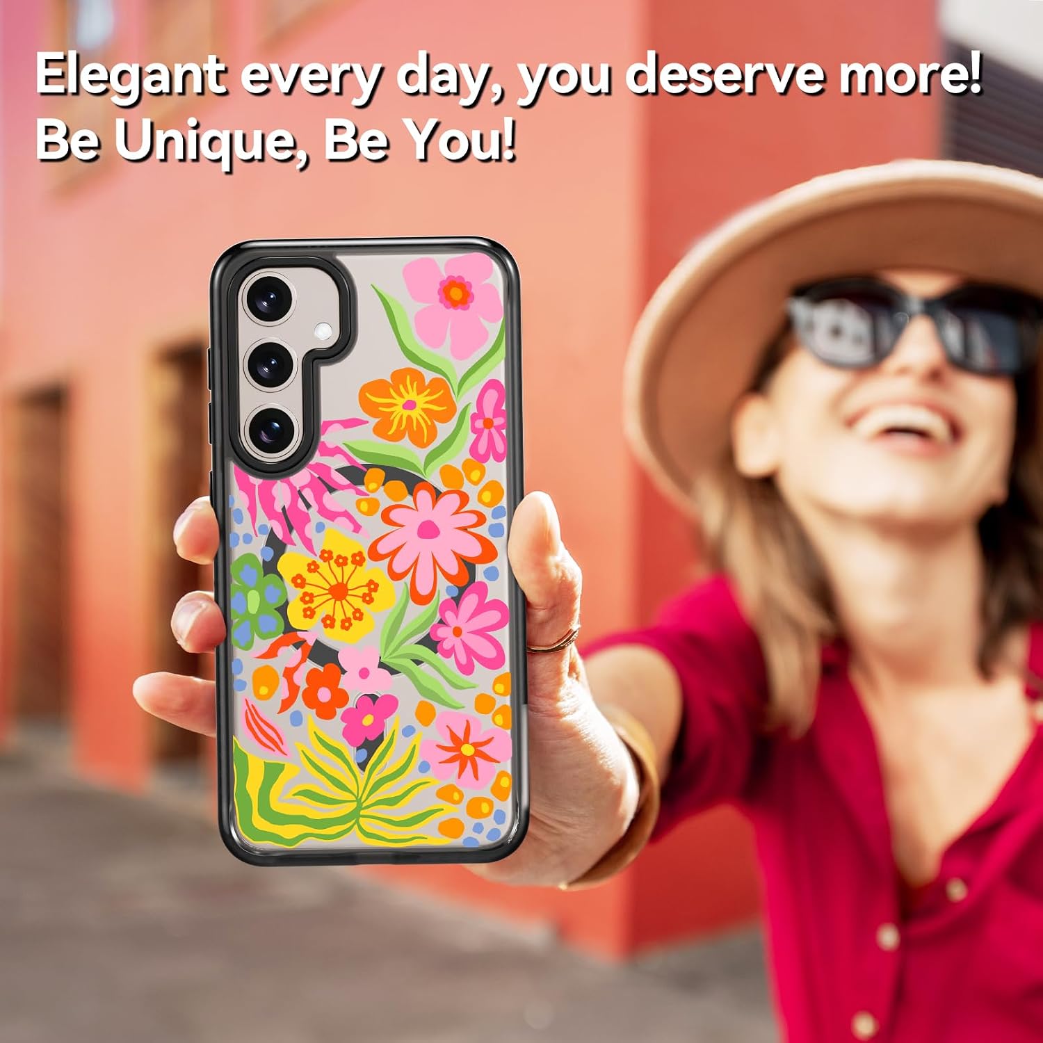 Rosarnnah Magnetic for Samsung Galaxy S24 Plus Magsafe Case Cute Aesthetic - Durable Shockproof 6.6 ft Drop Impact Phone Case Cover with Funny Fashion Passion Flower Design 6.7" Black