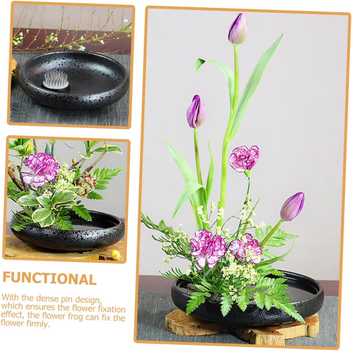 VINTORKY Ceramic Floral Frog Pin Holder with Round Vase Pot for Ikebana Flower Arrangements Pin Design Ensures Stable Fixation Suitable for Plant Decorations and Floral Crafts