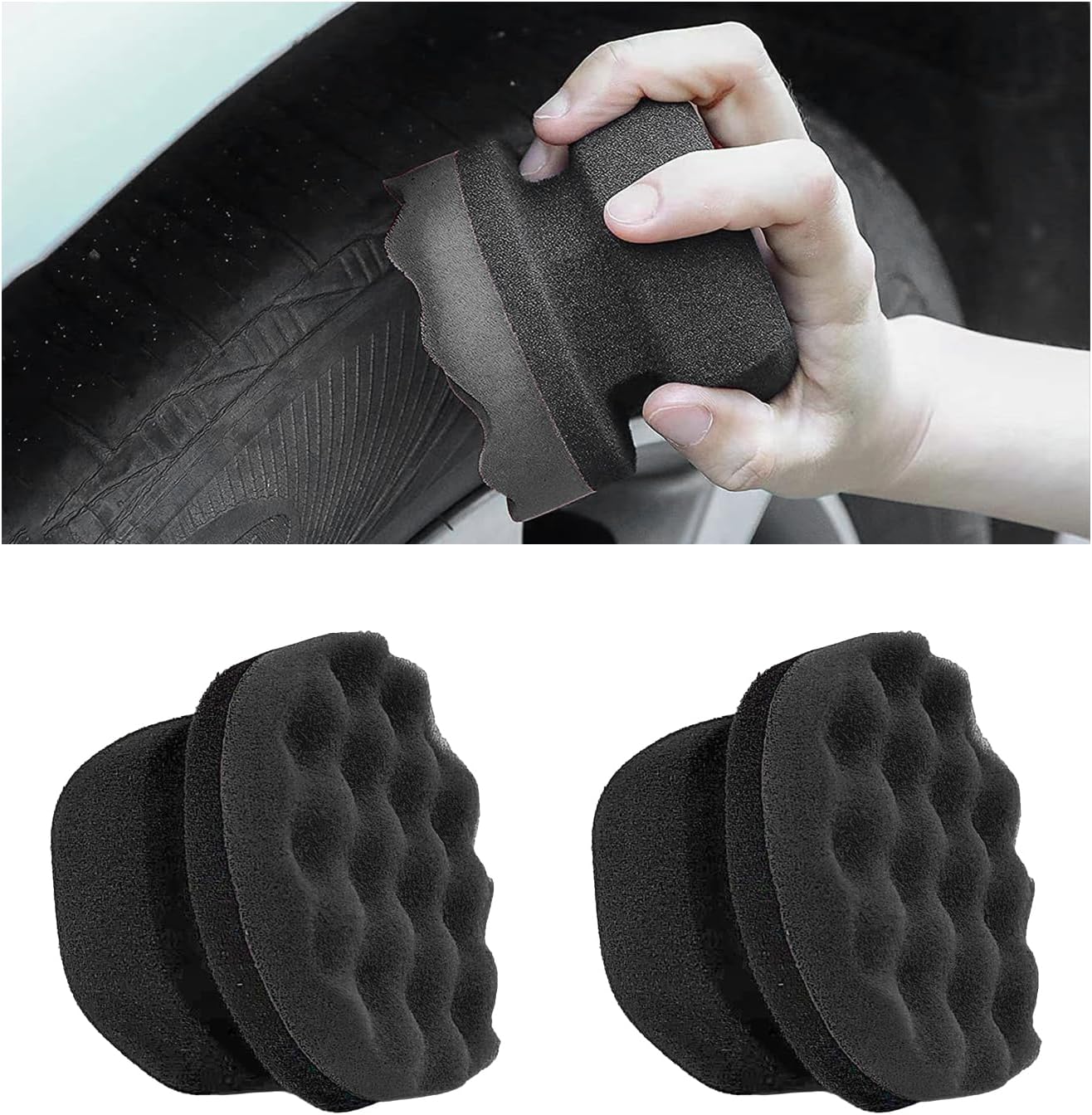 KVAEY 2 PCS Tire Dressing Applicator Pads, Reusable Hex Grip Tire Shine Applicator Polishing Sponge Pads, Wheel Tire Shine Detailing Foam for Most Vehicles, Car Accessories (Black, 3.15")