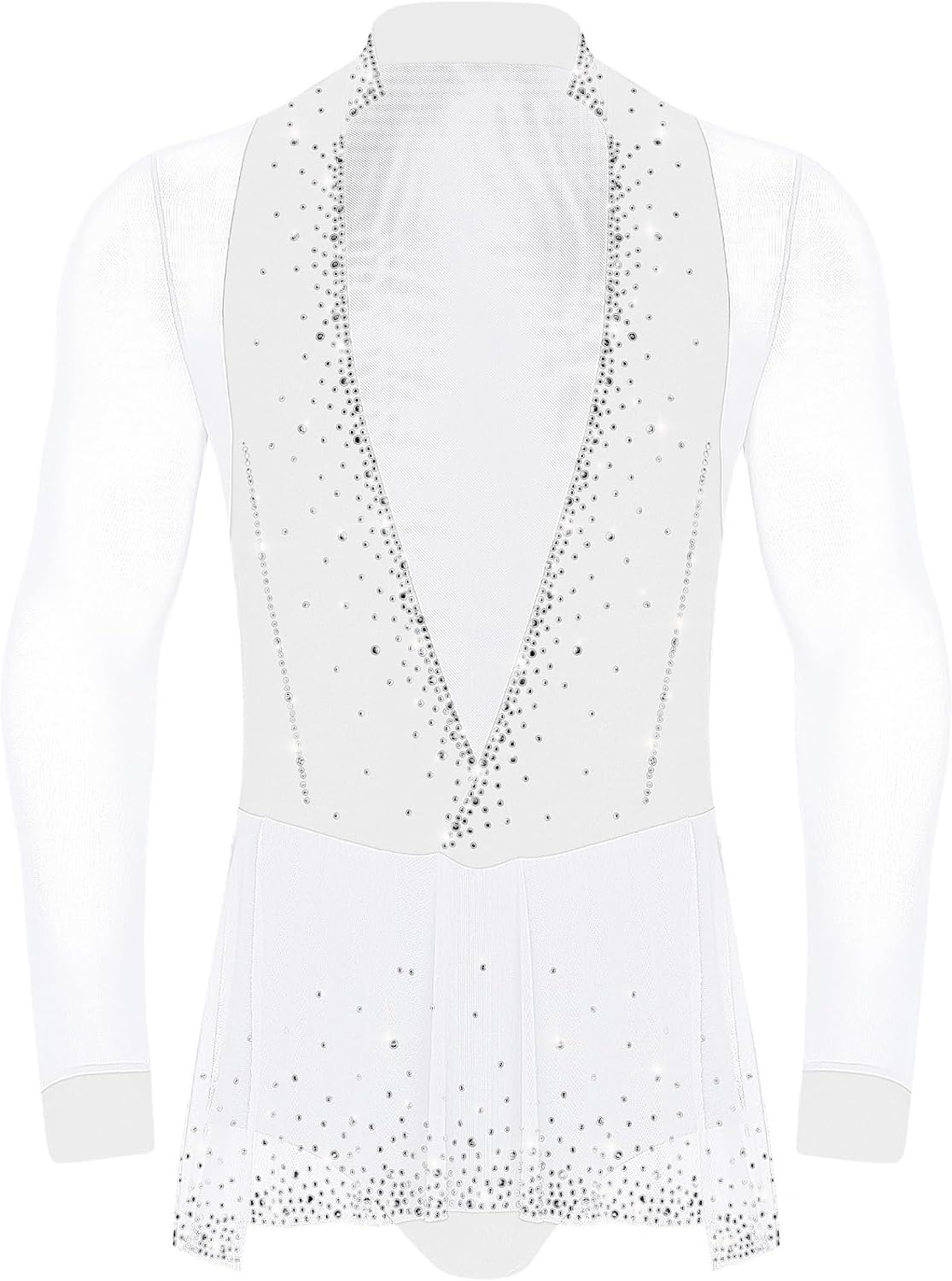 JEYPINMI Men's Latin Dance Leotard Shirt Mesh Hem Ballroom Salsa Samba Bodysuit Rhinestones Performance Costume