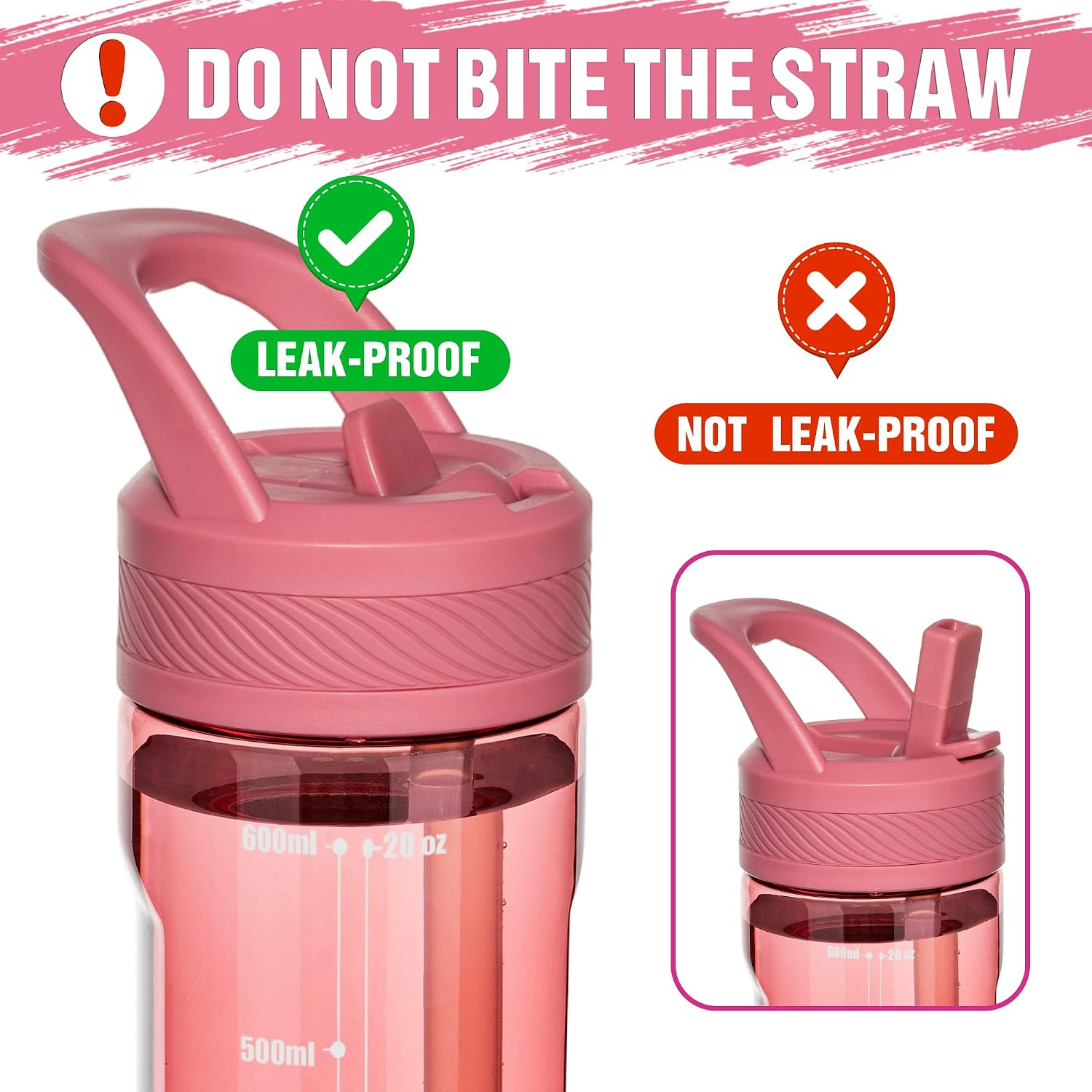 OLDLEY 20oz Kids Water Bottle with Straw, BPA-Free Tritan Water Bottle for School, Leakproof Clear Water Bottle with One Click Open, Measurement Scale, Cup Holder Friendly for Boys Girls,Red image 4
