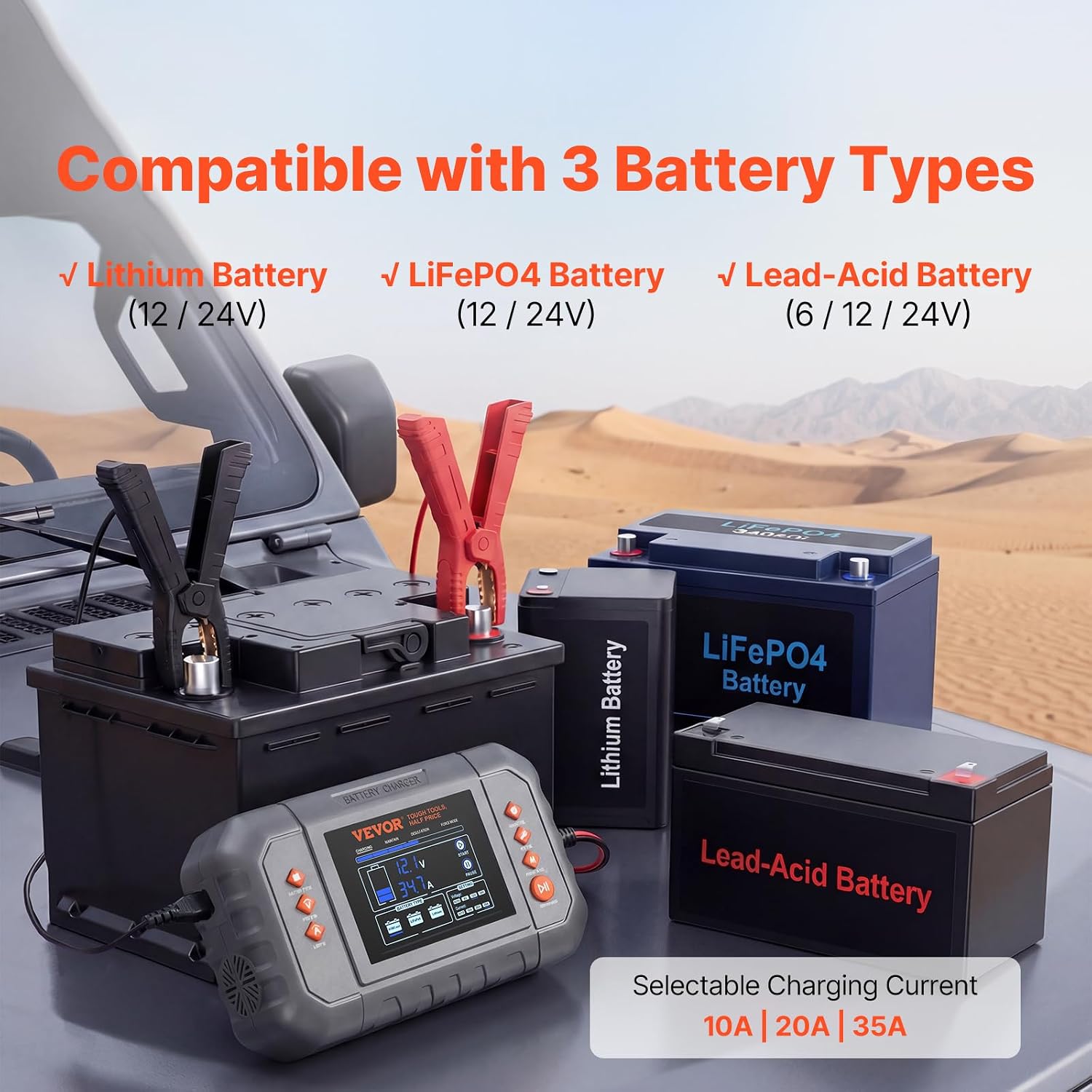VEVOR Smart Battery Charger, 35A, Car Battery Charger for Lithium LiFePO4 Lead-Acid (AGM/Gel/SLA), Trickle Charger Maintainer Desulfator with LCD Display, for Car Boat Motorcycle Mower Deep Cycle