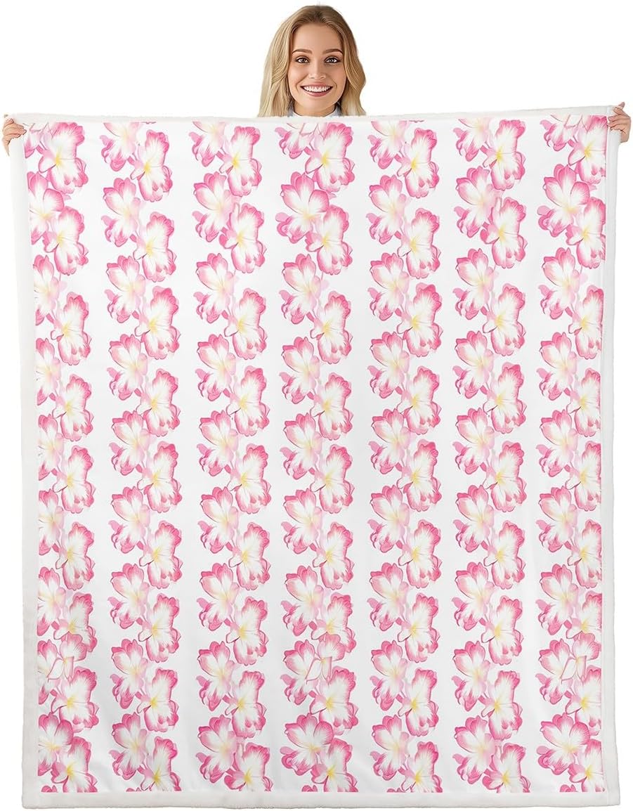 Pink Plumeria Fleece Blanket,Hawaiian Hibiscus Flowers Tropical Bed Blanket for Kids Teens,Watercolor Blooming Floral Stripes White Flannel Blanket for Room Decor,Queen 90"x90"