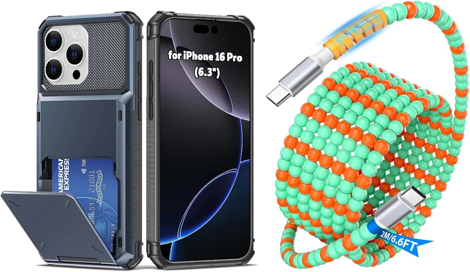 for iPhone 16 Pro Wallet Case,5 Credit Card Holder Case for 16 Pro USB C Cable Beaded 6FT 60W Fast Charger Cable for Samsung S26 Ultra S25 A17