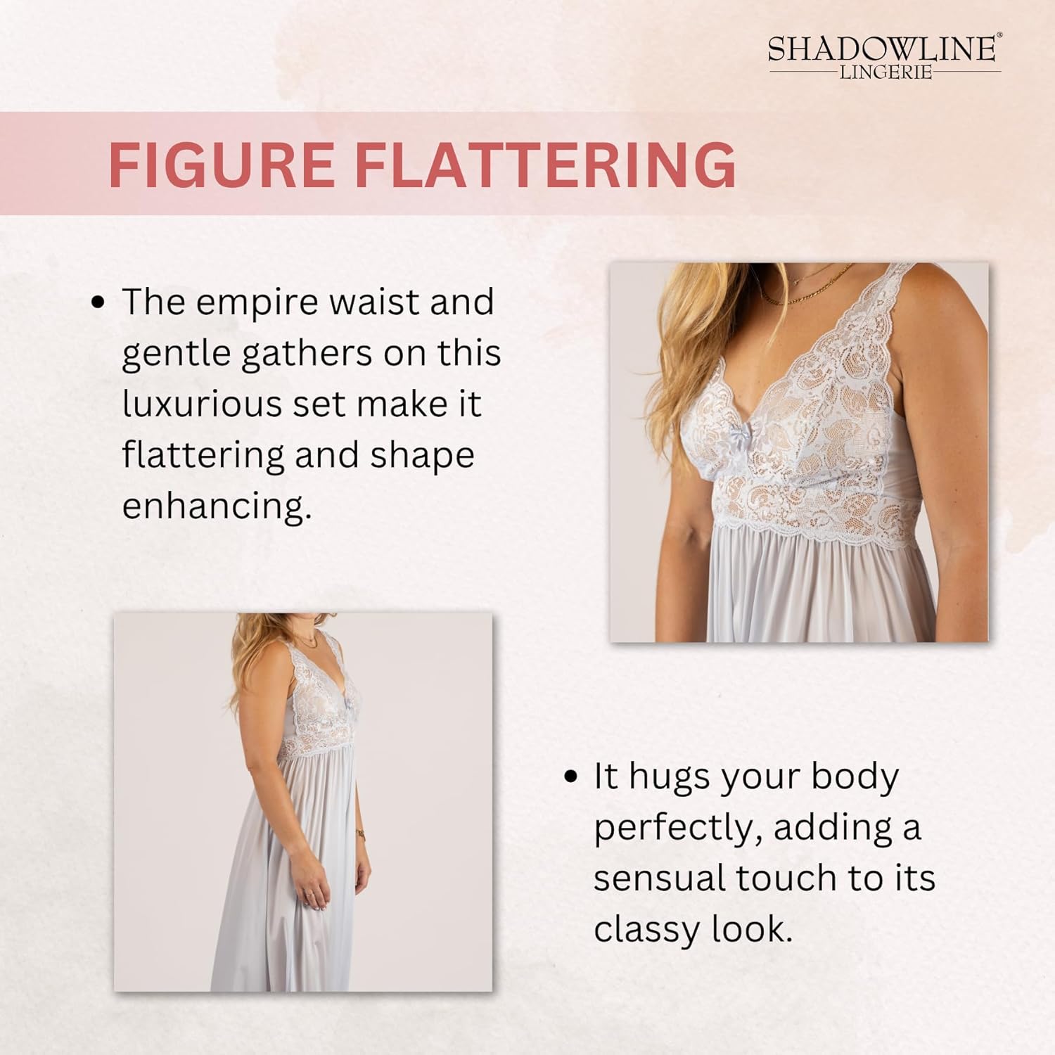 SHADOWLINE Women's Long Flowy Figure Flattering Nightgown– Silky Floral Stretch Lace Sleeveless Elegant Lingerie Sleepwear