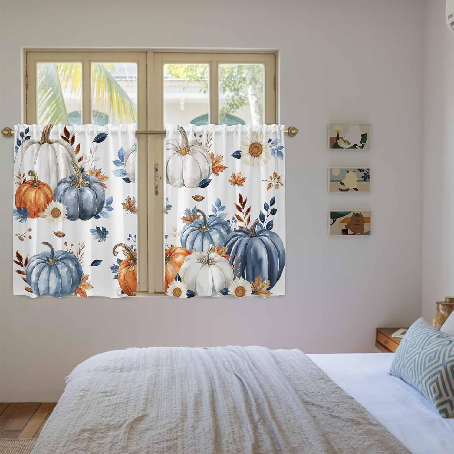 Fall Pumpkin Kitchen Curtains 45 Inch Long 2 Panel Set, Rod Pocket Window Treatment, Thanksgiving Autumn Daisy Farmhouse Leaves Light Filtering Short Curtains & Drapes for Bathroom Laundry 52"W x 45"L