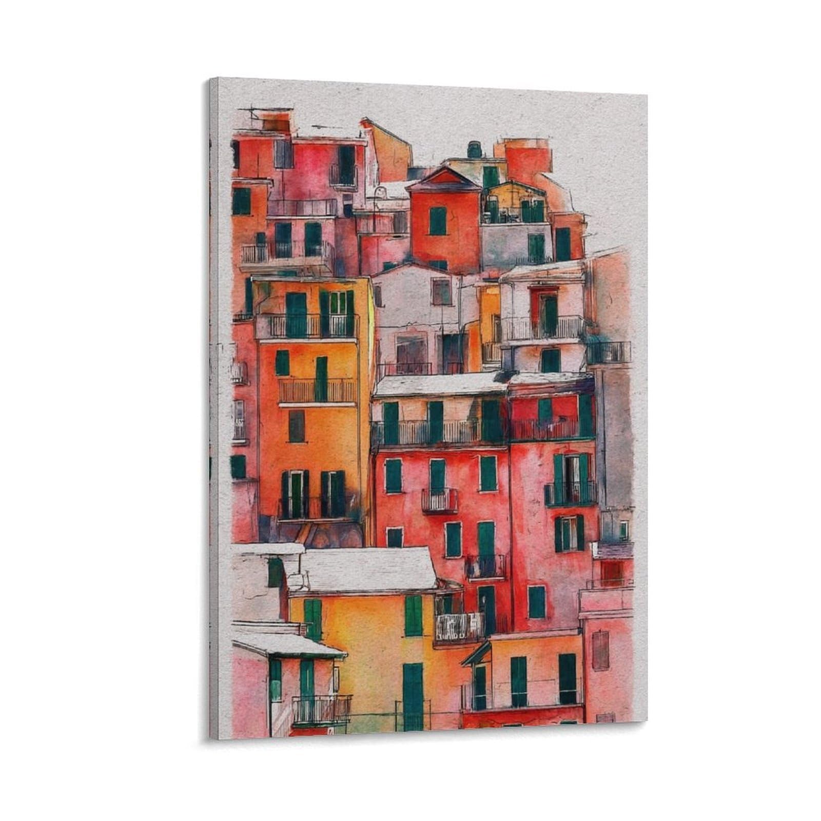 Cnaheiz Frame-Style Manarola Italy 08X12inch(20X30cm) Vintage Travel Poster Watercolor Canvas Art