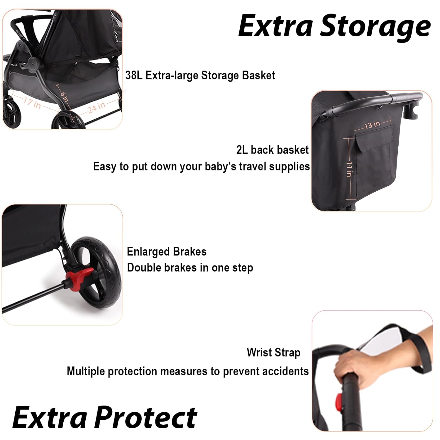 Lvvbaby Baby Stroller,Compact Stroller with Extra Wide Seats, Adjustable Large Canopies, Compact Fold,One-Handed Fold,Reclining Seats,5-Point Harness and Big Storage Basket