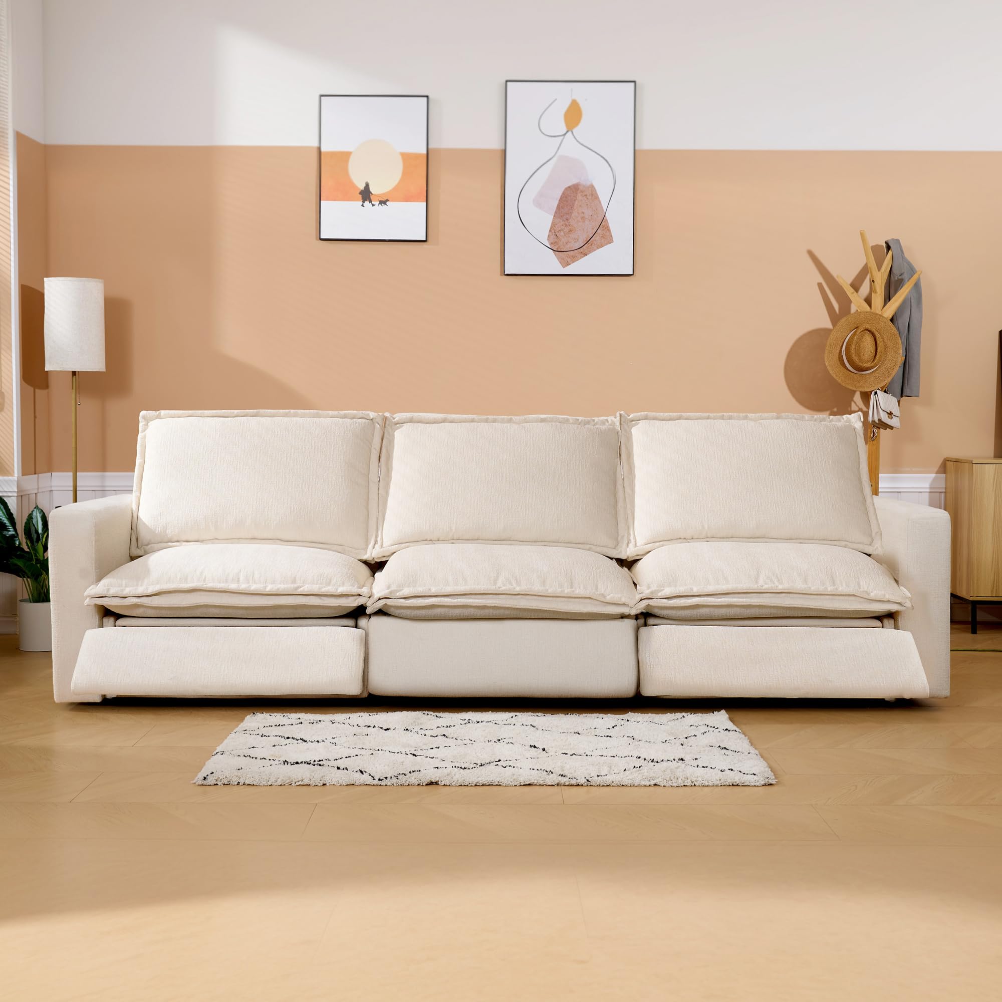 FLEXISPOT XMS4 Power Reclining Sofa, 116.1" Width Oversized 3-Seater Sofa, Reclining Sectional Couches for Living Room, Fixed Center Seat, USB Port, Cloud Couch, Wall Hugger, Beige Fabric