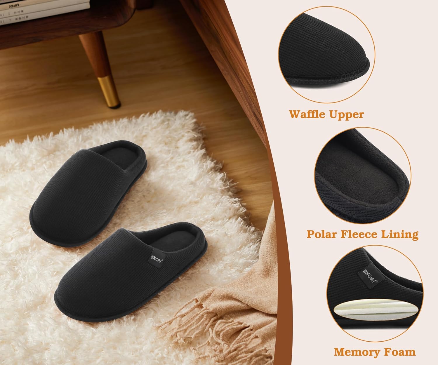 ONCAI Women's House Slippers, Cushion Memory Foam Waffle Upper Home Comfortable Warm Winter Cozy Soft Lightweight Indoor Best House Shoes Non-slip Rubber Sole US Size 5-11 - Image 3