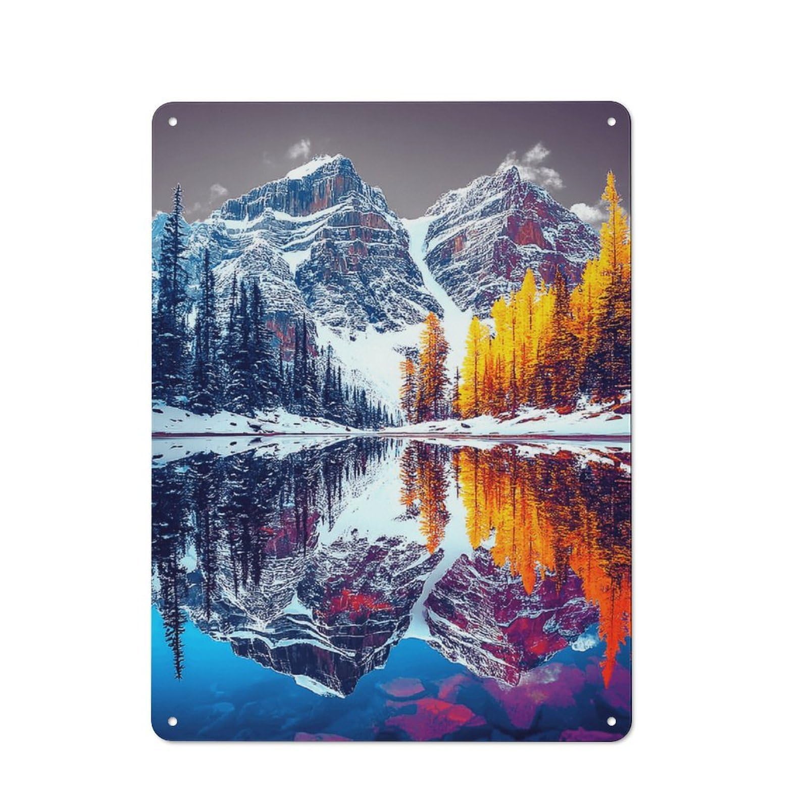 Junmoney Snow-Capped Peaks Reflecting In Autumnal Lake Vintage Bistro Metal Sign 40X30cm, Bistro Wall Plaque For Takeaway, Bar, Kitchen Or Counter Area