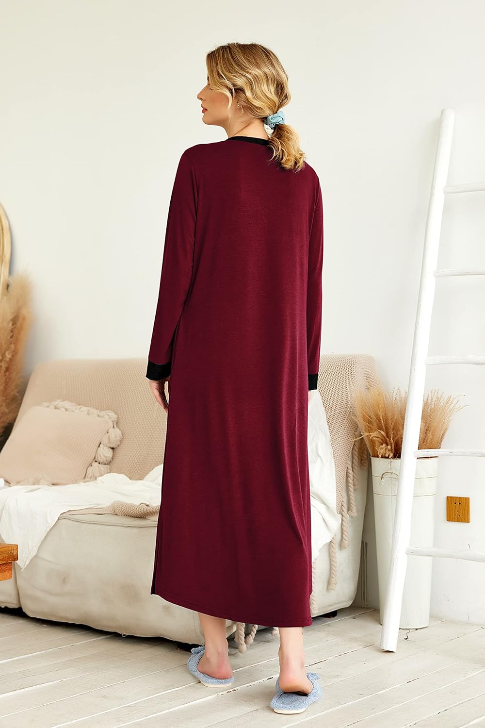 Ekouaer Womens Nightgown Long Loungewear V Neck Nightshirt Sleepwear Full Length Sleepshirt with Pockets - Image 4