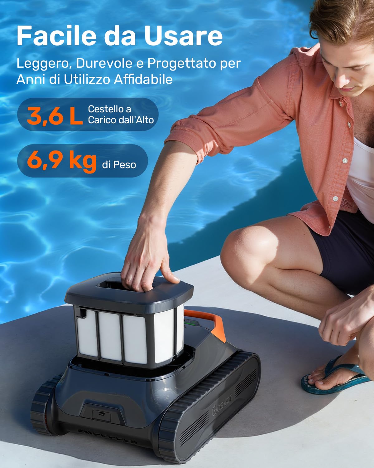 Gosvor Robot Piscina Pareti e Fondo, Doppia Filtrazione, Navigazione Intelligente, 5 modalità, App, 200 min Autonomia, Parcheggio Auto, Aspirapolvere per Piscina Fino a 200㎡,Arancione