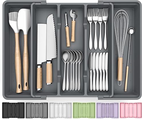 Miniatura 9 de Organizador grande de cubiertos, organizador de cajones de utensilios expandible para cajones de cocina, organizador de cajones de cocina para Negro