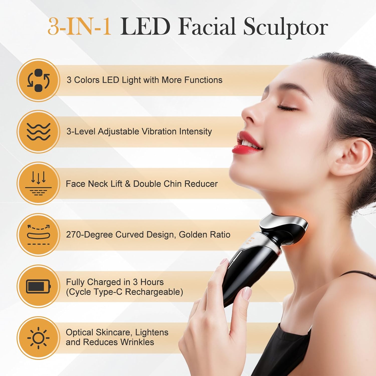 Red Light Beauty Device for Face and Neck, Based on High-end Red and Blue LED Light, Facial Cold and Hot, Vibration Technology, 3 Color Led Face and Neck Beauty Device for Home Use, Jet-Black