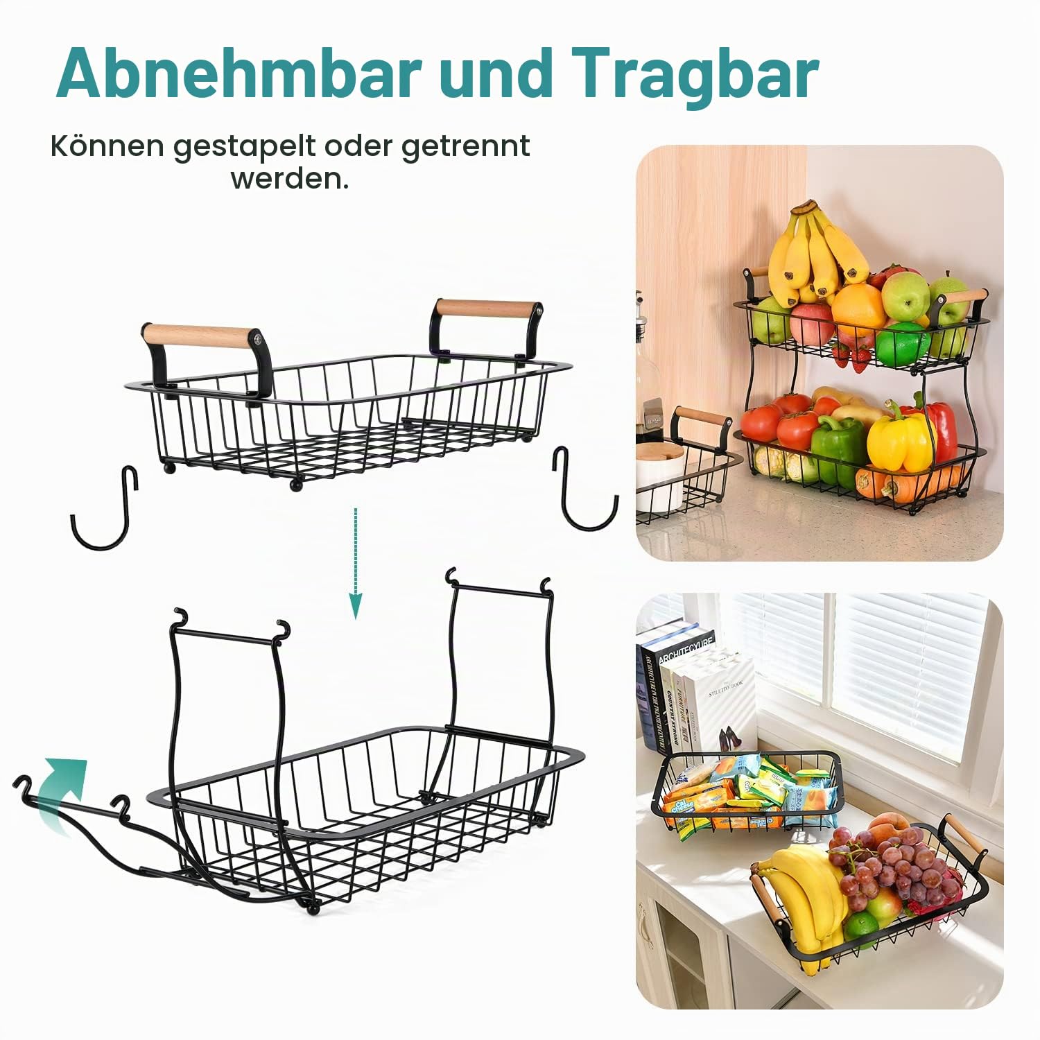 ANTOPY 2-stöckiger Obstkorb mit 2 Bananenbügeln, Obst-Gemüse-Korb für die Küchentheke, Metalldraht, Aufbewahrungskorb, Obstständer, Halter, Organizer für Brot, Snacks, Gemüse, Schwarz