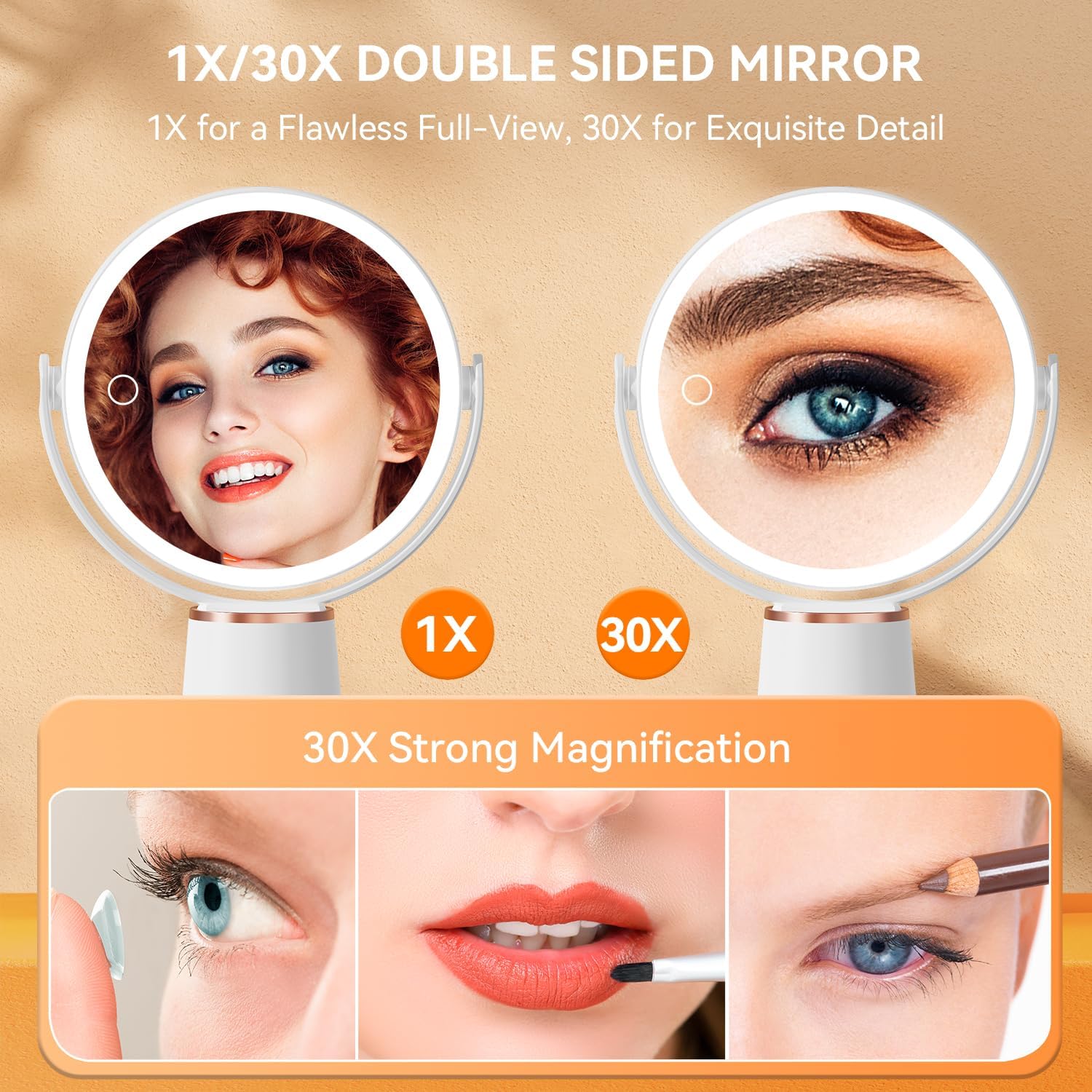 Auxmir 30X/1X Makeup Mirror with Lights, Double Sided Magnifying Mirror with 3-Color Stepless Dimmable Lighting, 360° Rotating 2000mAh Rechargeable Mirror, Table-Top Vanity Mirror for Women