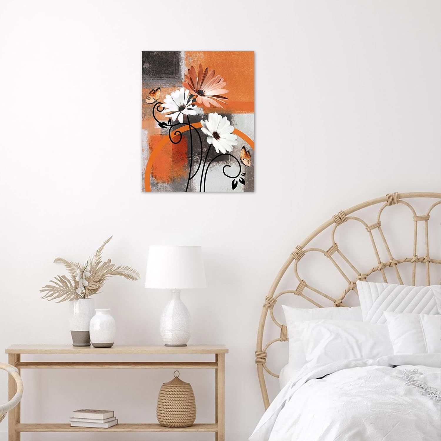 HVEST Rustic Orange Floral Wall Art for Living Room, Daisy Flower and Butterfly on Abstract Geometric Pictures Wall Decor Grey and White Framed Wall Art for Bathroom Bedroom Decor,16L X 12W Inches
