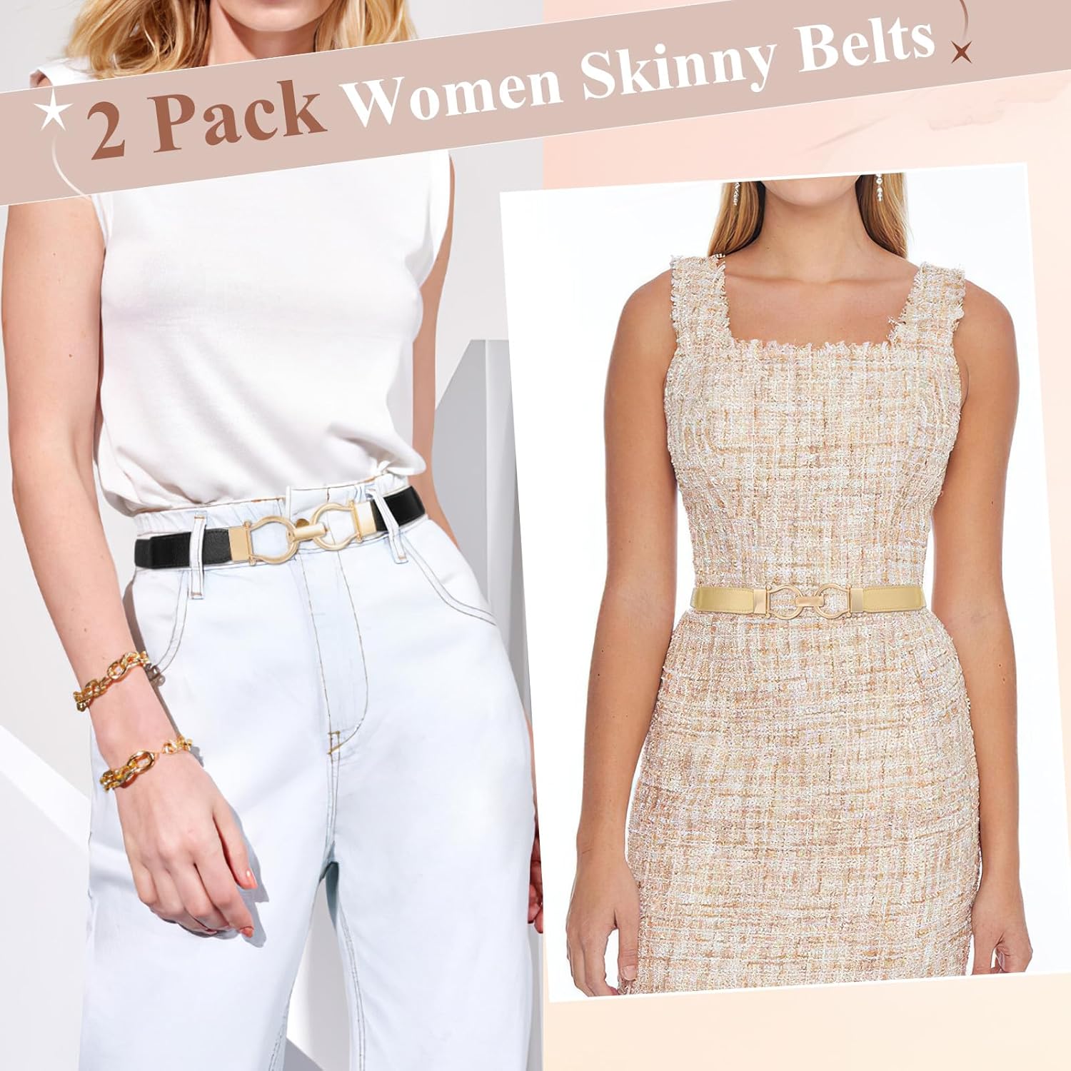 WHIPPY 2 Pack Skinny Elastic Belts for Women Thin Stretchy Waist Belt for Dresses with Gold Buckle - Image 2