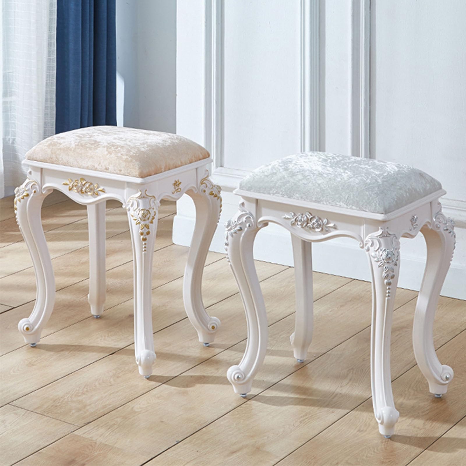 Taboret toaletowy, nowoczesny aksamitny taboret do toaletki z nogami ze stali ABS, prostokątny tapicerowany taboret do makijażu do pokoju kosmetycznego (kolor: srebrny, rozmiar: zł