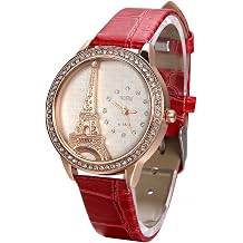 JewelryWe Women's Bling Rhinestone Accented Eiffel Tower Pink Leather Watch Ladies Casual Business Wristwatches for Mother's Day