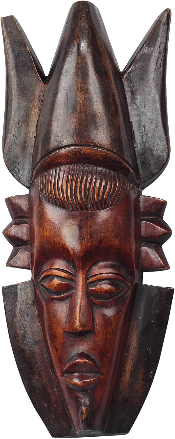 NOVICA Artisan Handmade African Wood Mask Brown Sese from Ghana Masks Ghanaian [19in H x 7.75in W x 3in D] ' Horned Crown'