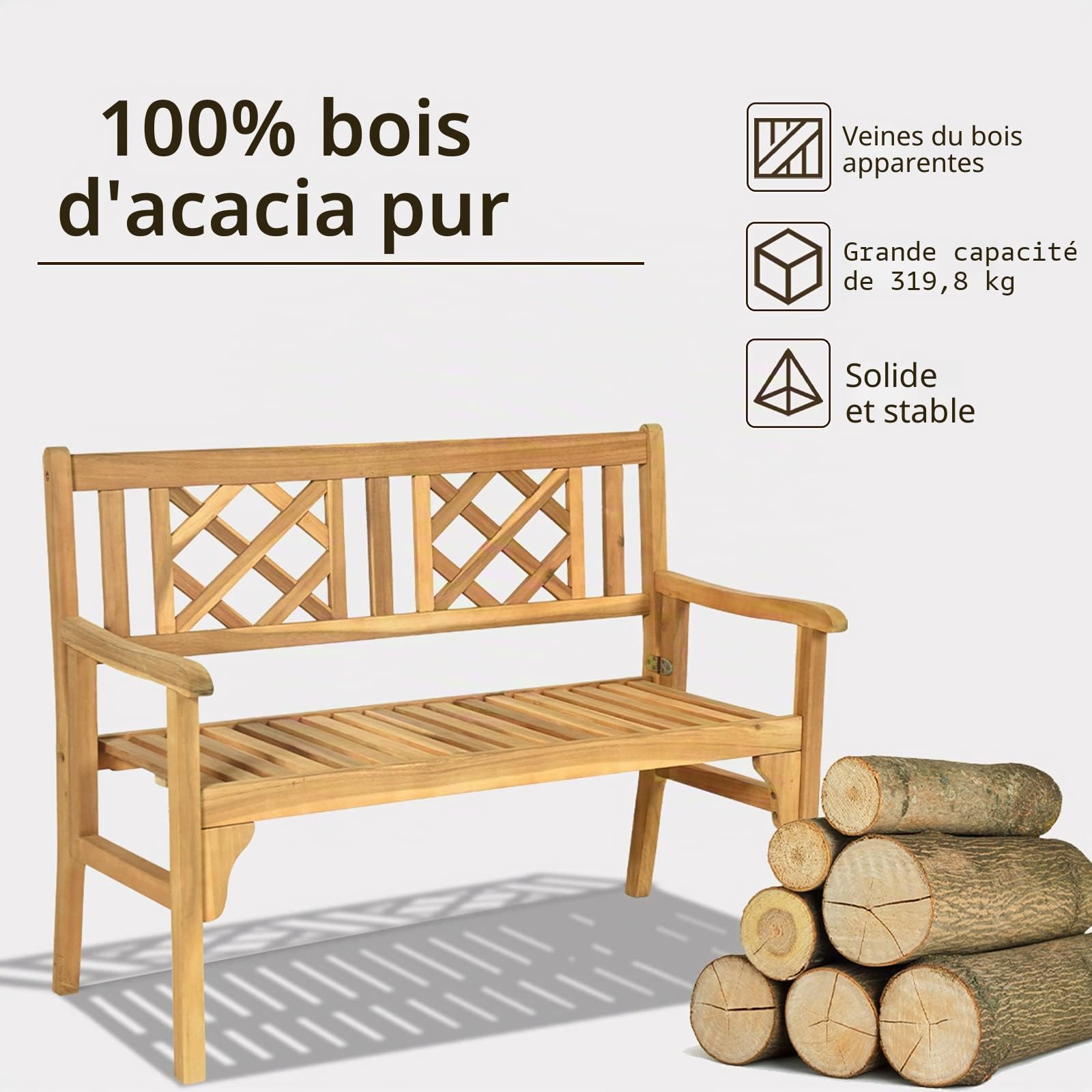 Giantex Banc de Jardin Pliable en Bois d'acacia - 2 Places - Banc de terrasse - Charge maximale : 320 kg - Banc en Bois avec Dossier et accoudoirs - Style Rustique - Couleur Bois Naturel