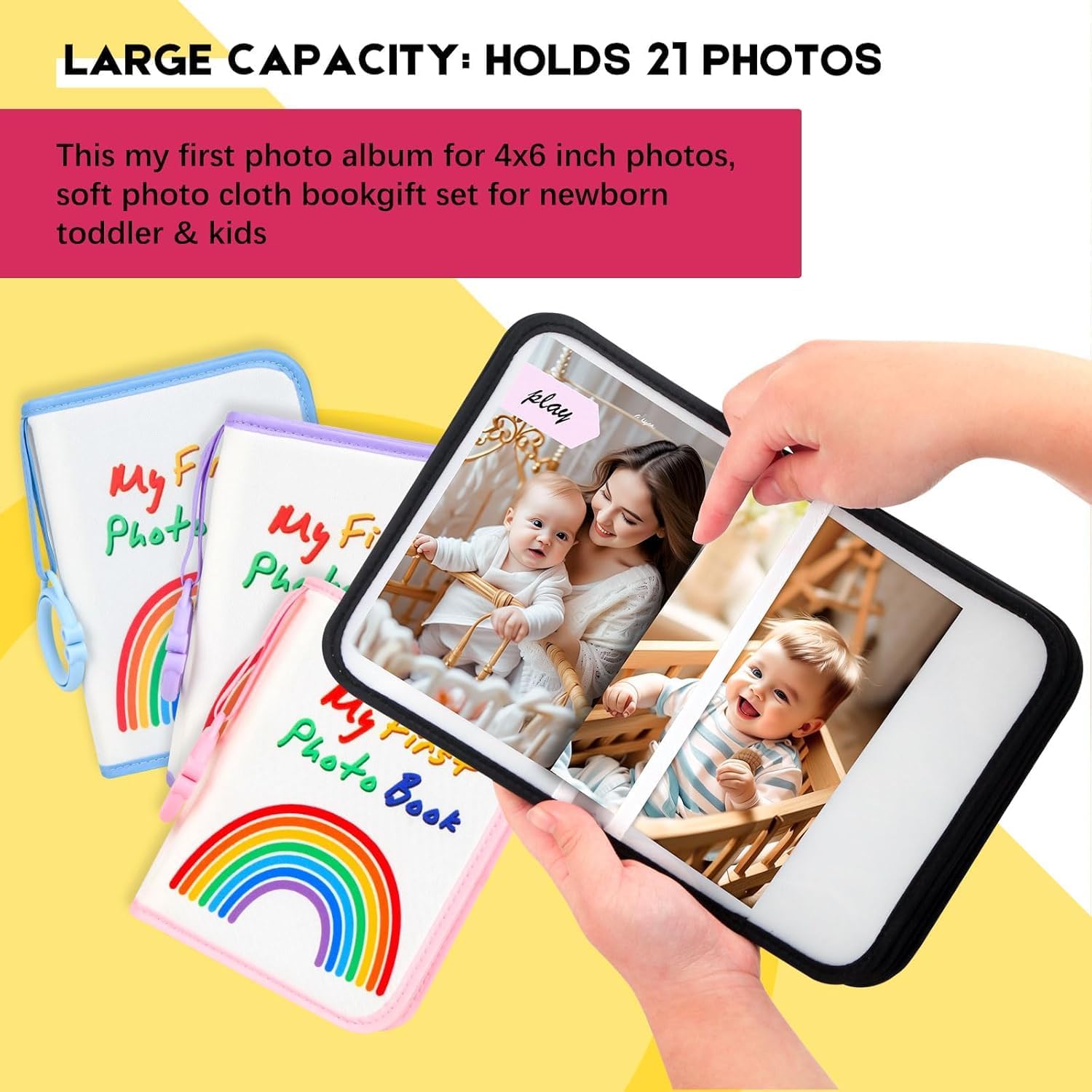 Baby's My First Photo Album for Baby Holds 21 4x6 Photos, Baby Photo Album Soft Cloth Family Book, My First Family Album for 4x6 Baby Shower Kids Toddlers Family Pictures, Toddler Photo Album (Black)