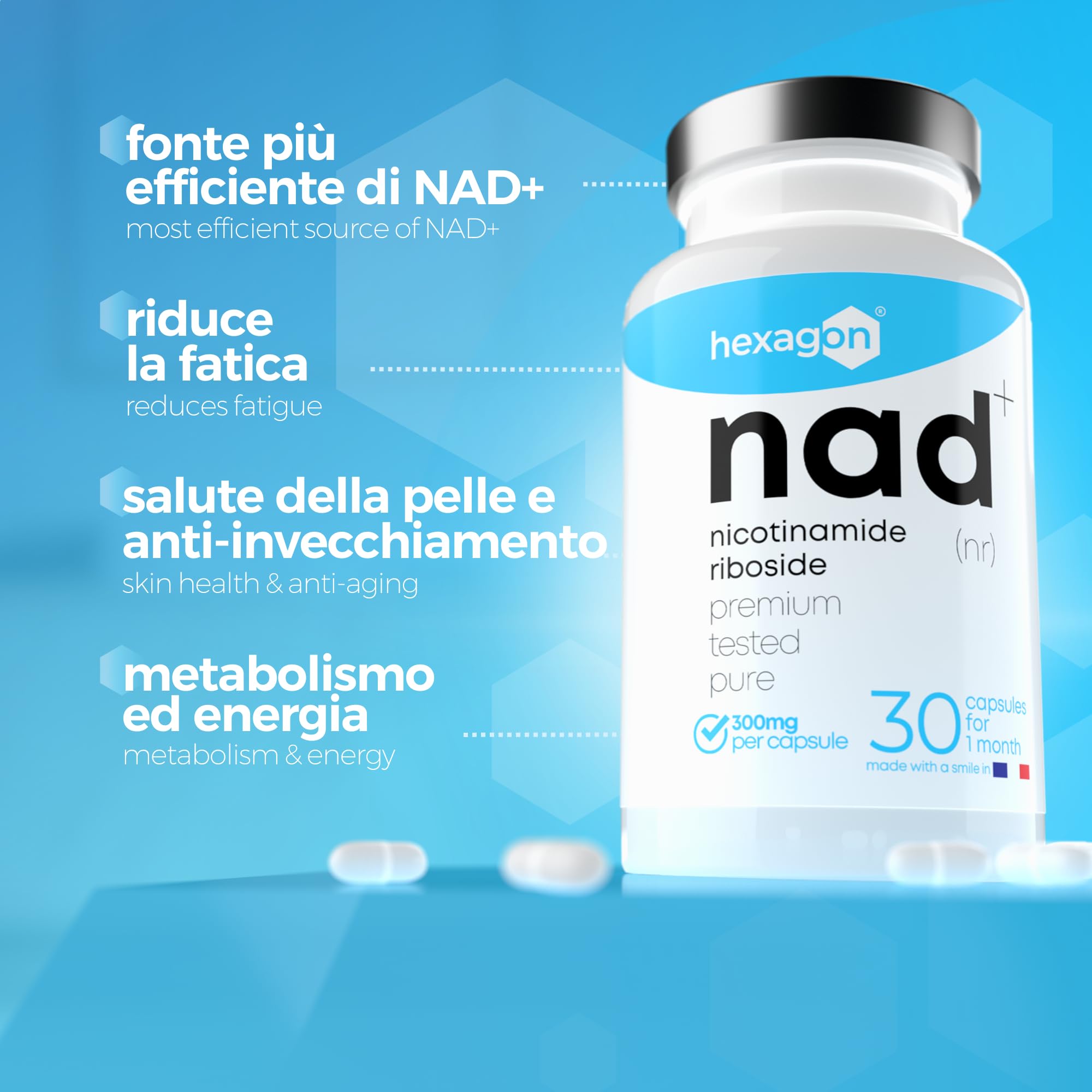 NAD+ Nicotinamide Riboside Chloride 300mg - +1 Mese di Cura - NAD Booster - Anti-Età e Contro la Fatica, Supporto Nervoso - 30 Capsule Vegetali - Vegan & Premium - Hexagon
