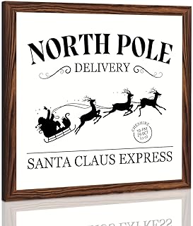 North Pole Delivery Santa Claus Express Wooden Framed Sign Christmas Decor Sign Holiday Wall Art Vintage Decor for Entryway, Living Room, Home 8x8 Inch