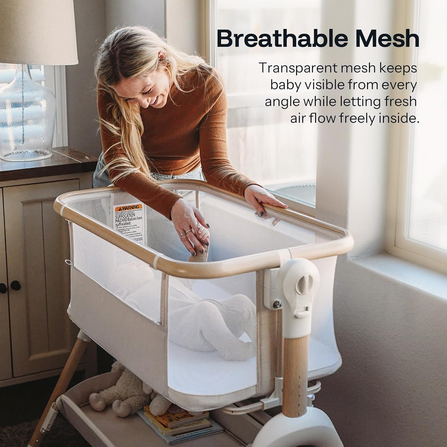 HARPPA Cuddly Rocking Baby Bassinet, 3 in1 Adjustable Bedside Sleeper with Mattress & Breathable Mesh, Wood Grain