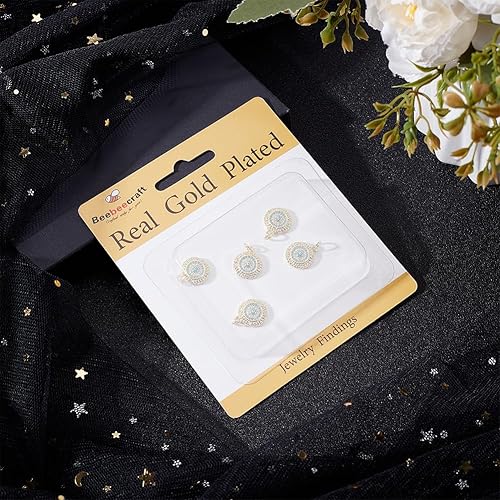 Miniatura 13 de Beebeecraft 5Pcs/Box Evil Eye Charms 18K Gold Plated Brass Flat Round with Blue Cubic Zirconia Turkish Evil Eye Pendants Jewelry Making Findings for