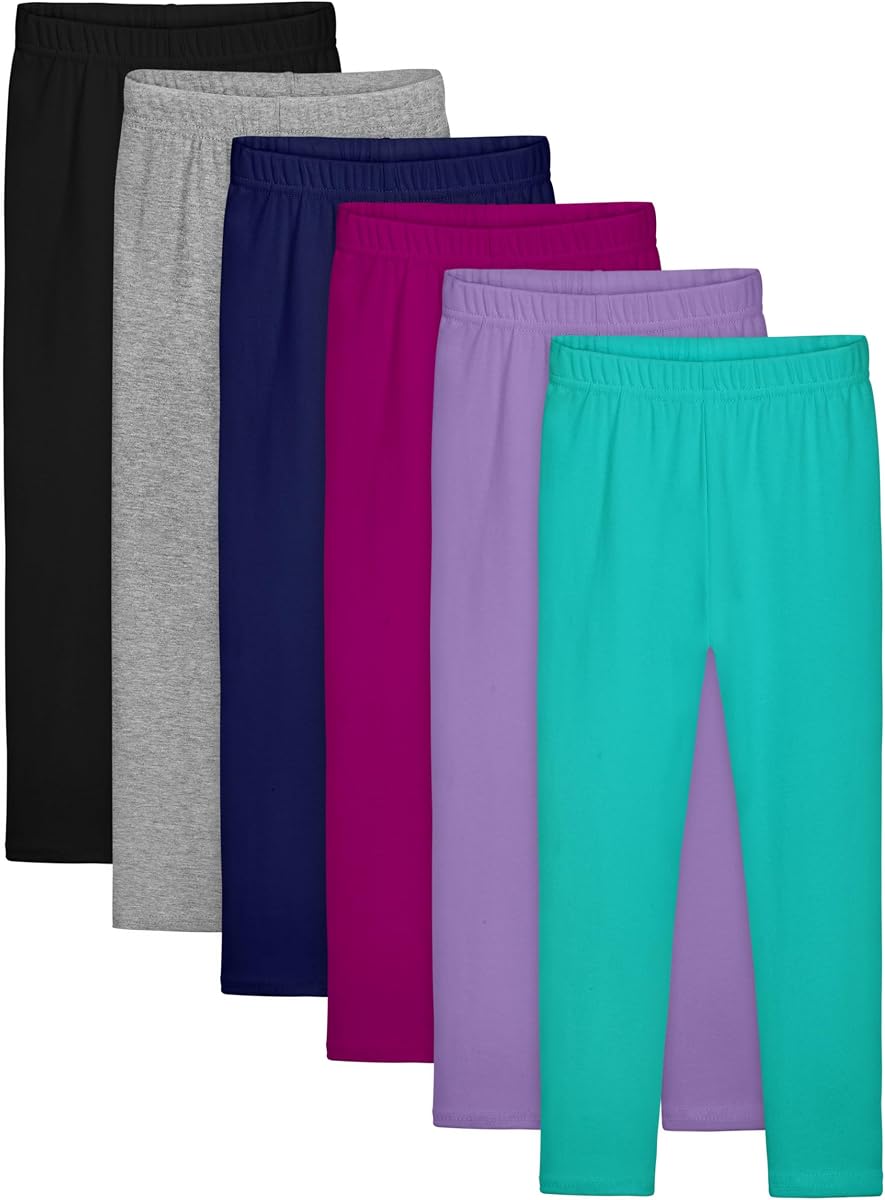 6 Pack Girls Cotton Leggings Kids Pull On Leggings Elastic Waistband Stretchy Full Length Footless Soft Tights Pants