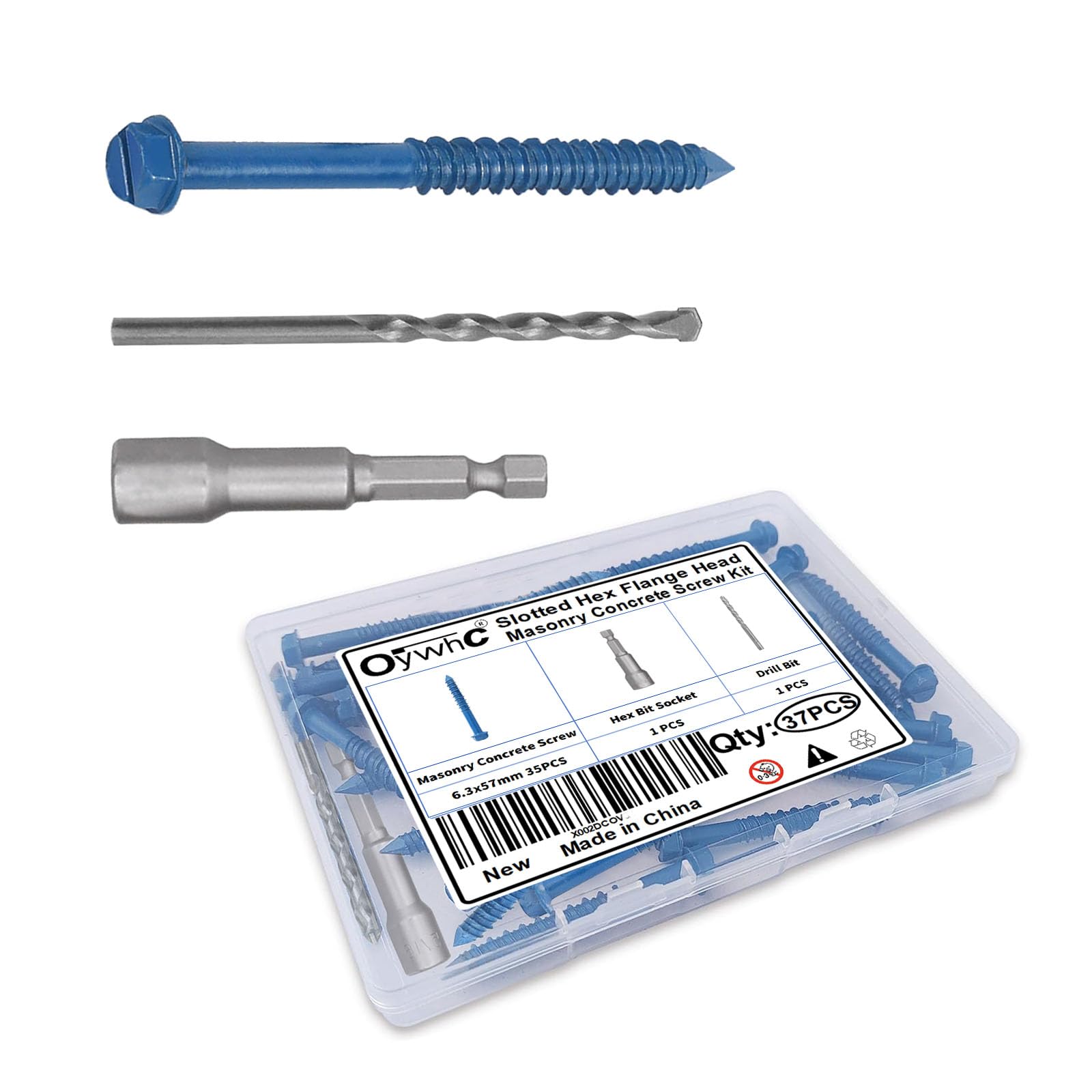 OywhC 35Pcs Masonry Concrete Screws 6.3mm x 57mm with Hexagon Socket Bit & Drill Bit, Special Blue Coating, Hexagon Flange Head, Conical Diamond Tip, High-Low Threads, for Masonry/Concrete/Brick/Block