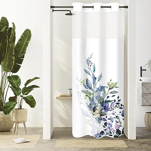 Miniatura 16 de Gibelle Juego de cortina de ducha sin gancho con forro de tela a presión, estilo hotelero verde salvia con hojas de planta, cortina doble