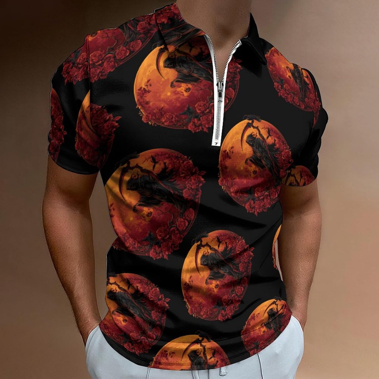 Halloween Grim Reaper Men's Polo Shirts Golf Short Sleeve Tops | Casual Workout,Golf T-Shirt,Zippered Tee,Collared,Print