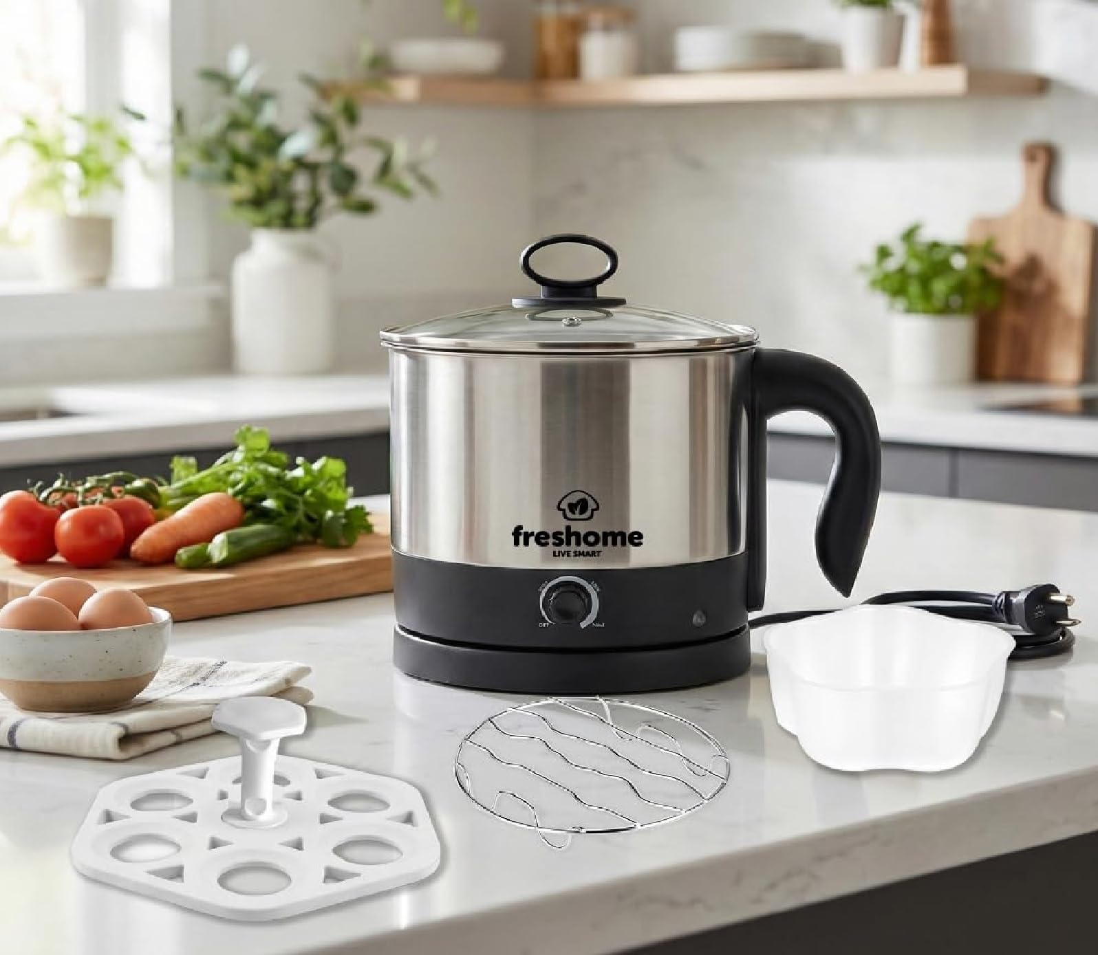 Electric Multipurpose Kettle 1.2L, 600W, with Stainless Steel Body, Egg Rack, Grill Rack, 3 Heating Modes & Rapid Boil Technology, Boiling Water, Tea, Coffee, Oats, Noodle, Soup (Silver)-image-26