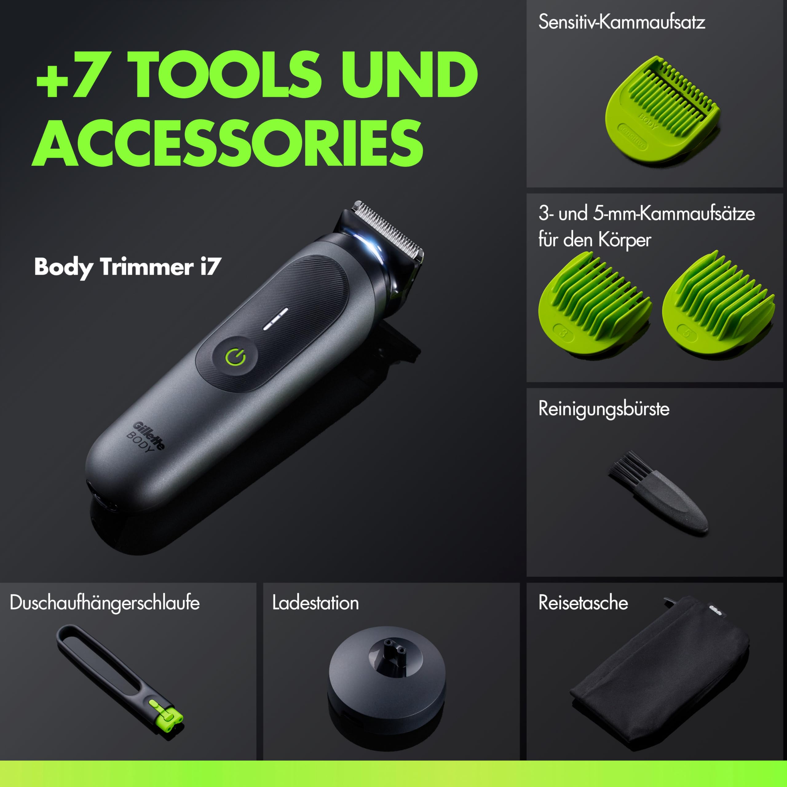Gillette Labs i7 Body + Intimate Trimmer Herren, Schwarz/Grün, Intimrasierer Mann für Körper Und Intimbereich mit SkinFirst-Technologie, Wasserdichte, Inkl. LED-Licht, Duschhalterung und Ladeständer