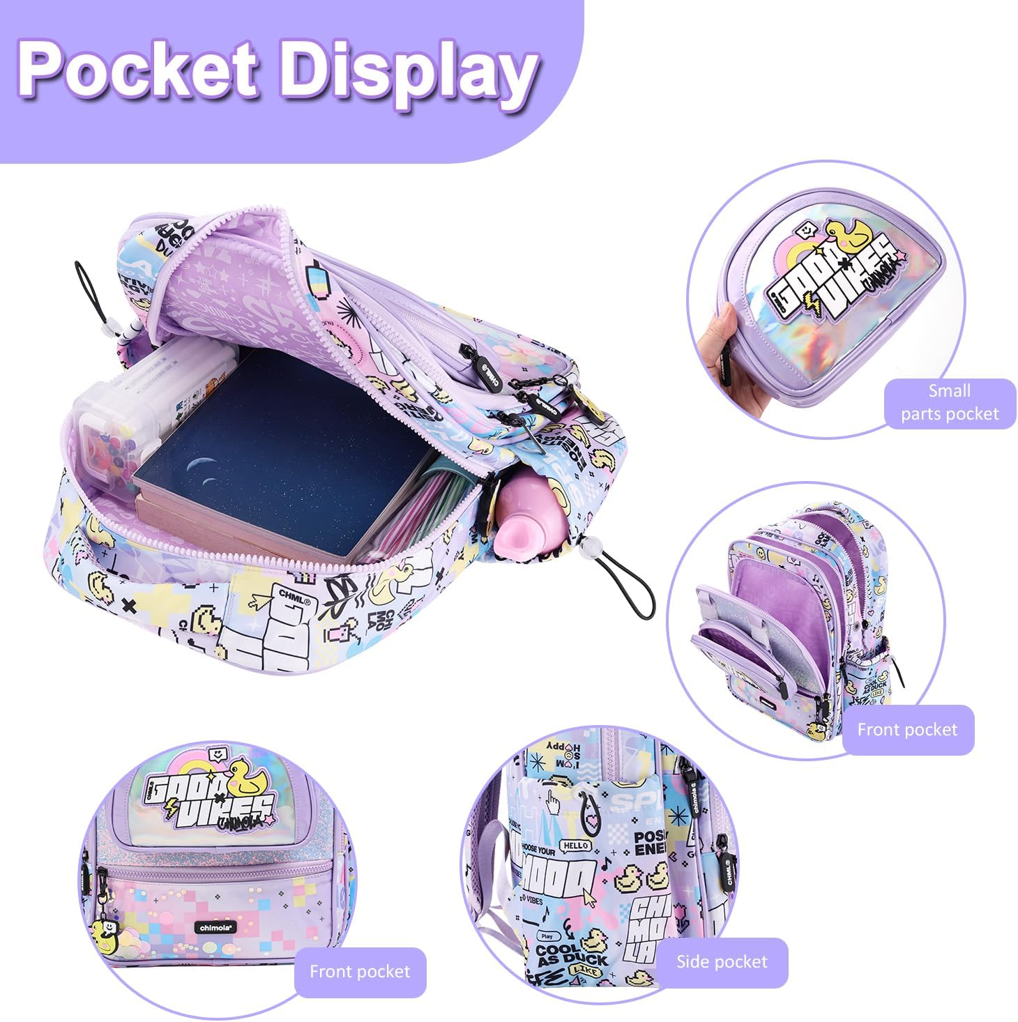 16 Inch Girls Backpack for Preschool Kindergarten Elementary School, Multi Pocket Purple School Backpack Lightweight Kawaii