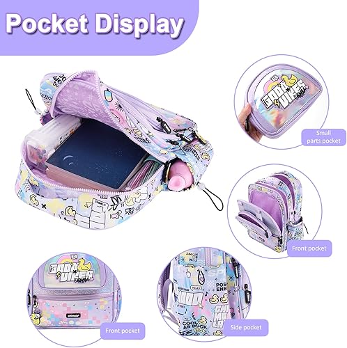 Vista 5 de Mochila de 16 pulgadas para niñas preescolar, jardín de infantes, escuela primaria, mochila escolar púrpura con múltiples bolsillos, ligera, Kawaii