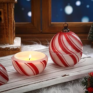 2 Pcs Candy Christmas Ball Candles 3.9 Inch Red and White Christmas Ornament Candle Decor Cinnamon Scented Mercury Glass Xmas Table Decorations for Holiday Party Gifts