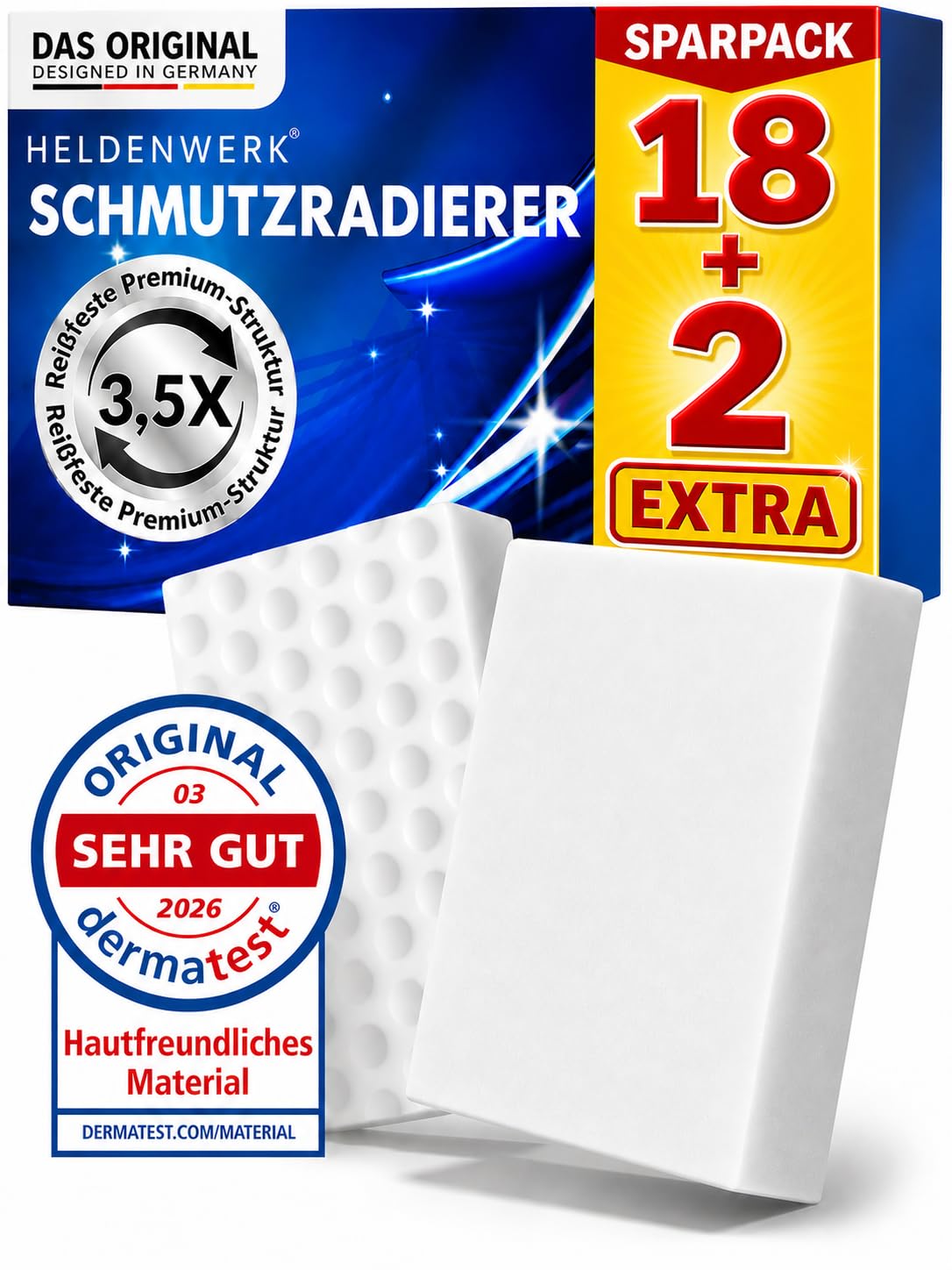 HELDENWERK® Gomma per cancellare lo sporco [18+2 Extra] Spugna per cancellare le macchie più ostinate – Magic Eraser & Spugna magica per pareti, cucina, bagno e sneaker, extra resistente