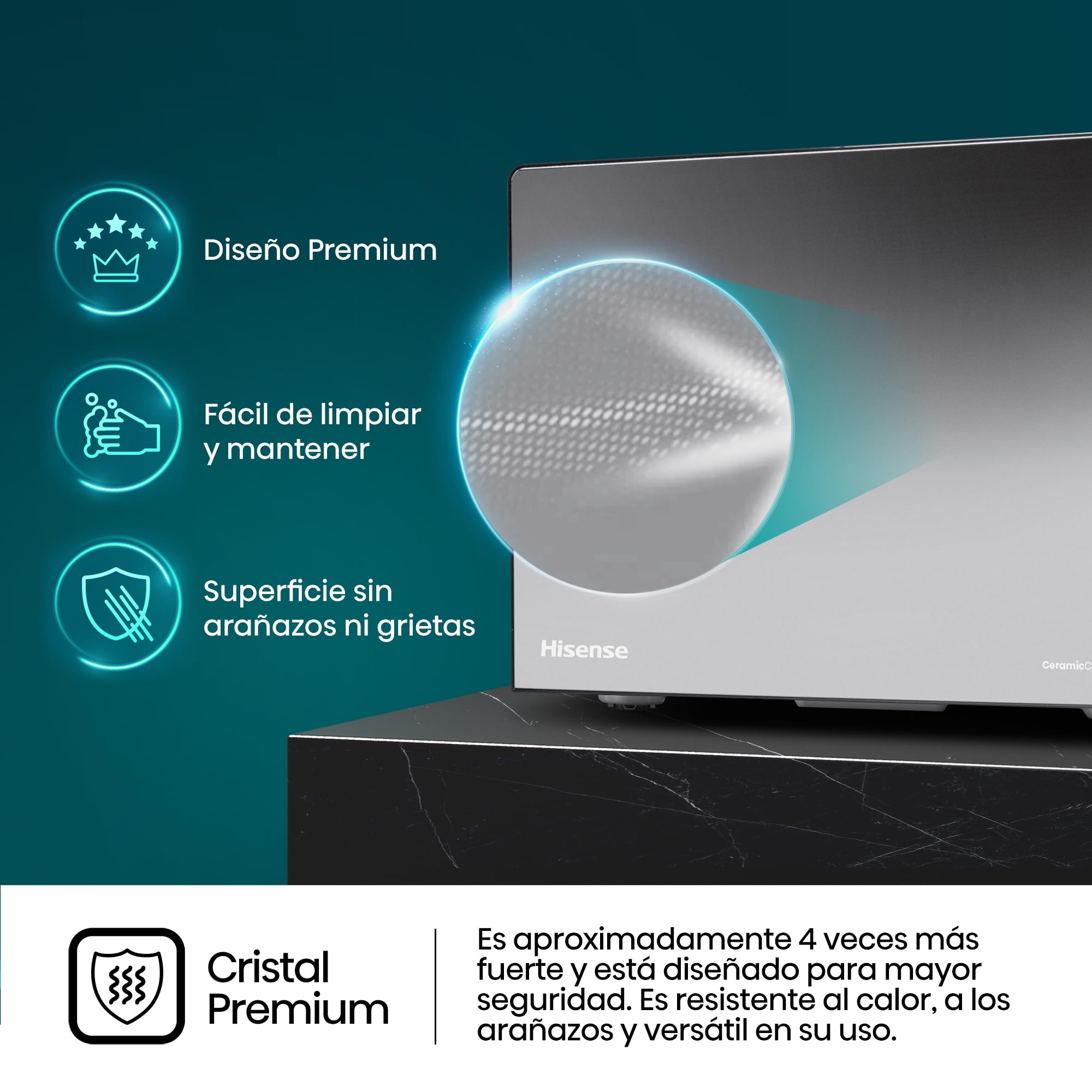 Hisense H20MOMBP1HG - Microondas con Grill 800W, 20L, Alto 32.6cm x Ancho 45.5cm, Color Negro, Potencia del Grill: 800 W, Revestimiento Cerámico, Cristal Premium, 5 Niveles de Potencia