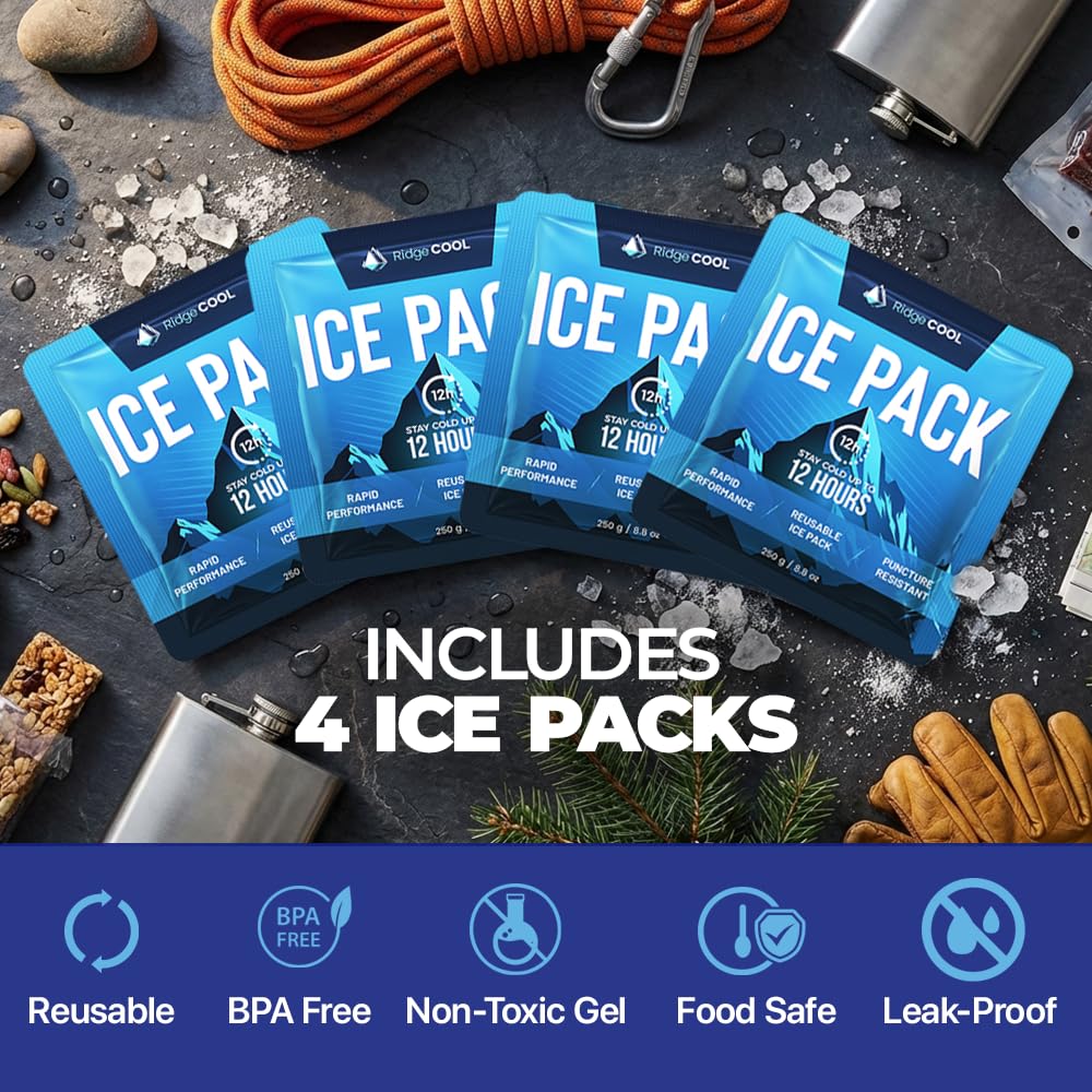 RIDGECOOL 4 Pack Large Reusable Ice Packs for Coolers, Long Lasting Freezer Packs for Cooler Bags and Insulated Totes, Leakproof, BPA-Free, Food Safe - 3