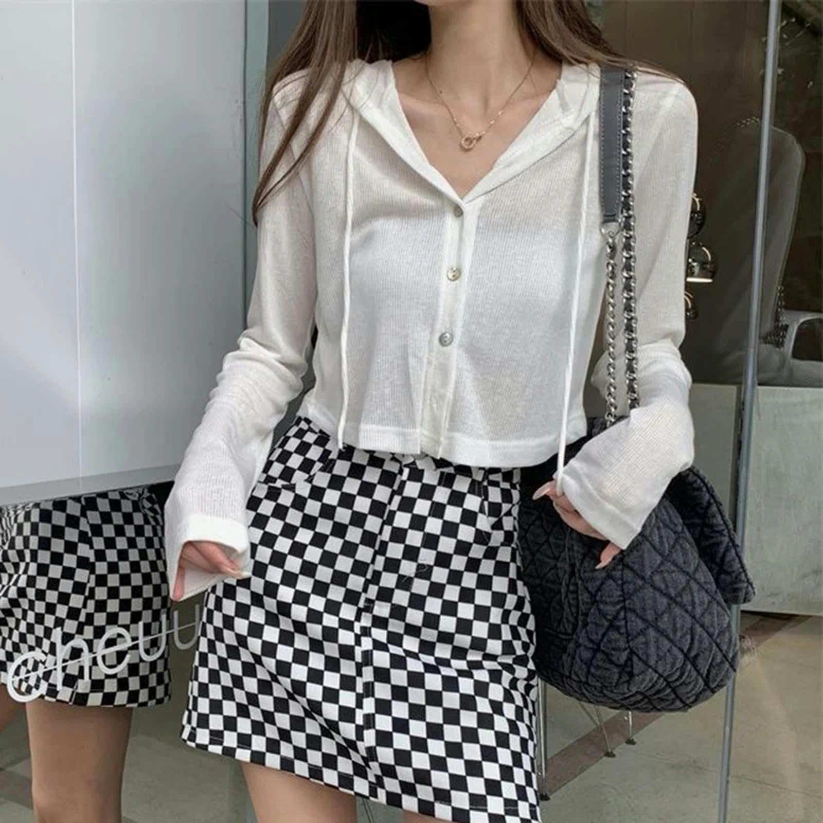 Top Mujer Sudaderas De Punto con Capucha De Punto De Verano Sudaderas Callejeras Femeninas con Una Sola De Blusas De Punto De Manga Femenina-Blanco-s