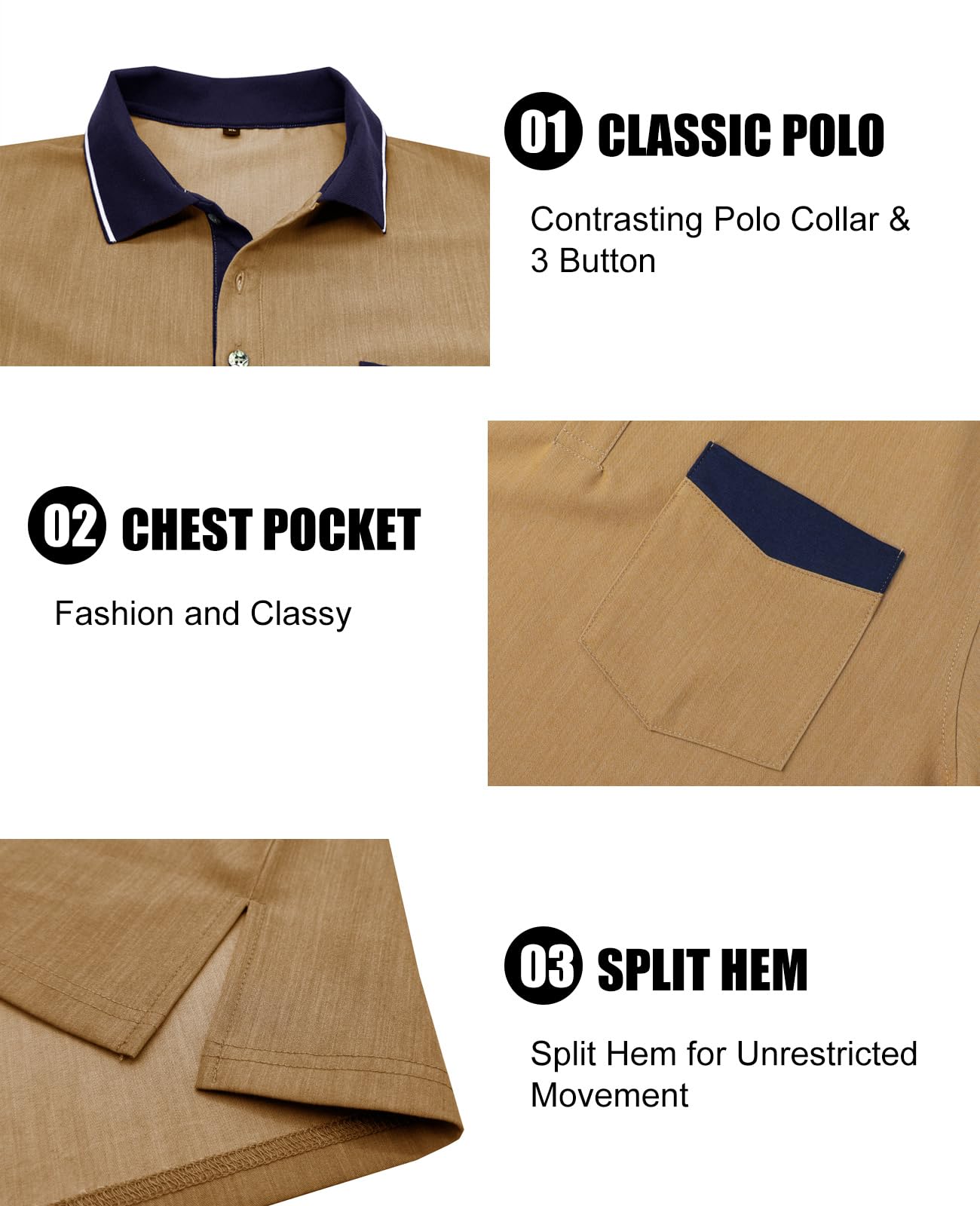 Suwangi Męska koszulka polo z krótkim rękawem, na czas wolny, na lato, kontrast modna, styl polo, klasyczny styl retro, z kieszenią