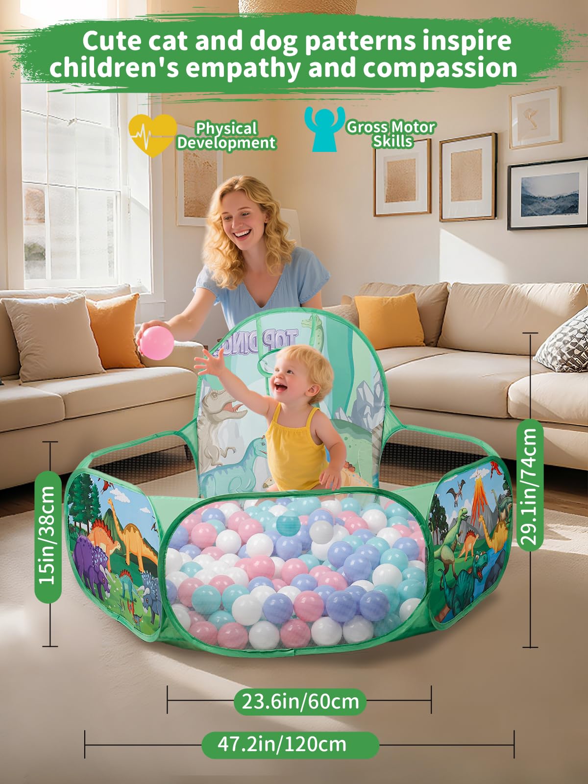 ZimiTeda Dinosaur Kids Ball Pit for Toddler with Basketball Hoop Foldable Pop-Up Baby Ball Pool for Girls Boys Indoor Outdoor Game Dog Ball Pit 120 cm Wide Plyahouse Tent (Balls NOT Included) - Image 4
