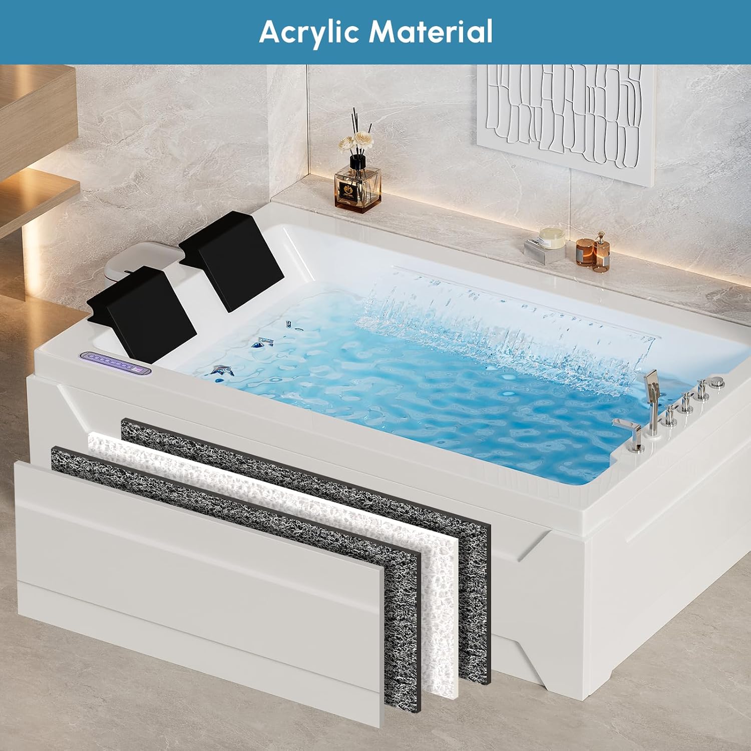 73'' Whirlpool Tub Water Massage Two Person Jetted Bathtub 3 Sided Apron Corner Whirlpool Tub with 22 Water Jets (with Temperature Control)