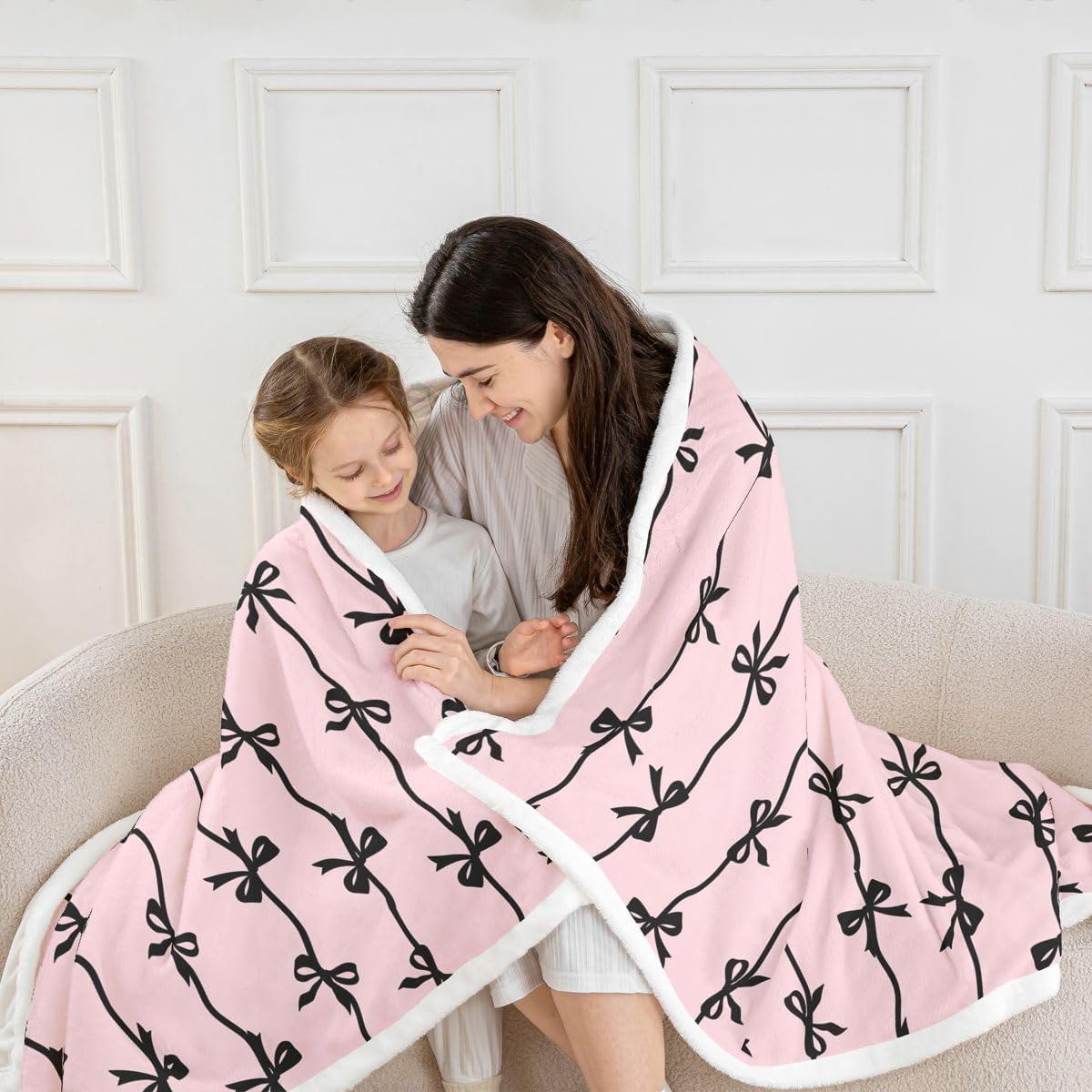Feelyou Black Bow Fleece Throw Blanket Pink Black Bowknot Sherpa Blanket for Kids Women Men Plush Fuzzy Striped Bow Girlish Twin 60"x80" Preppy Style for Bed Couch Chair Living Room Bedroom Decor image 4